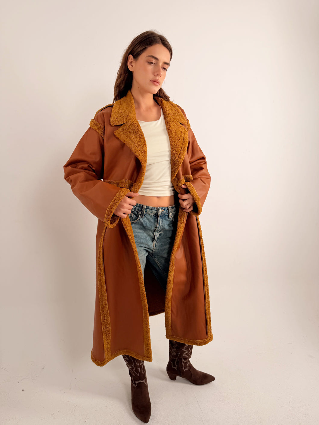 Premium Fur Leather - long coat in Camel