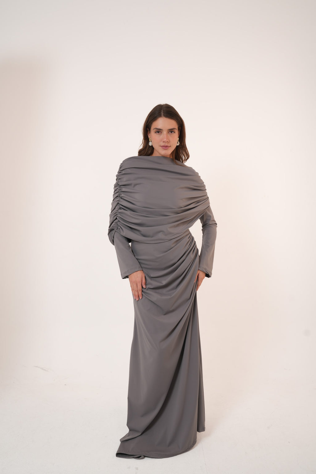 One-Side Draped Maxi Dress with Chest Cover in Grey