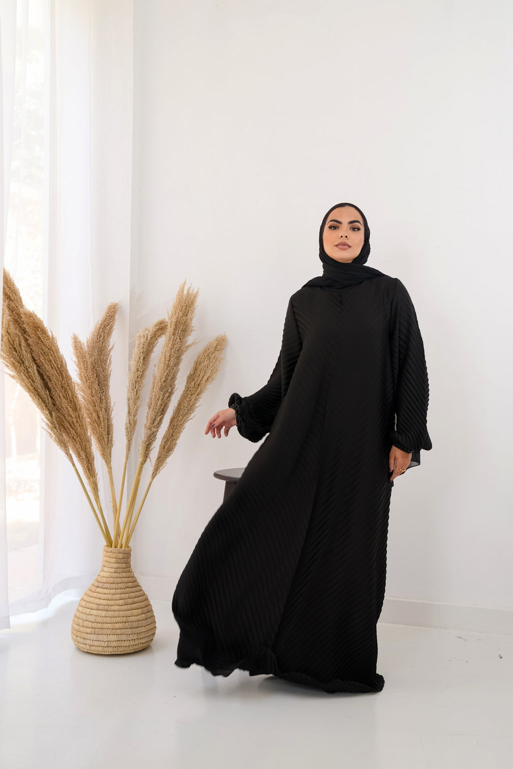 Black Plisse Abaya Embroidered with belt