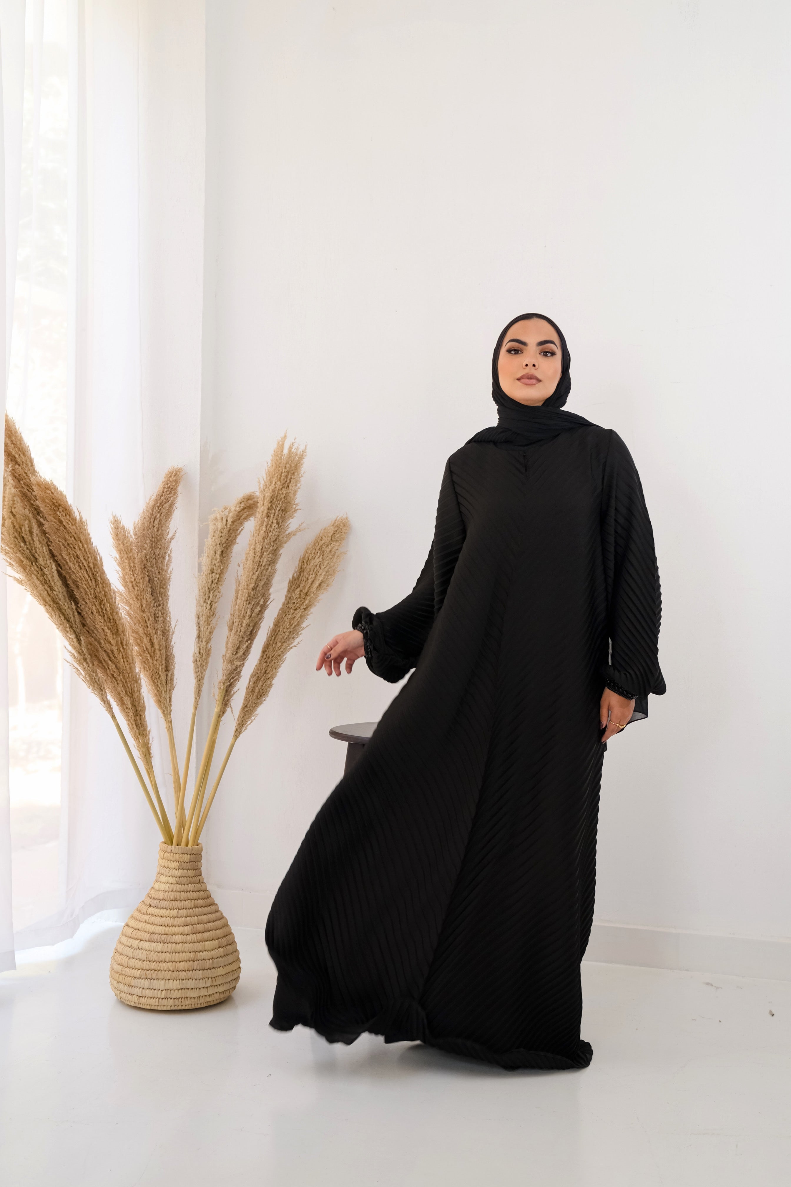 Black Plisse Abaya Embroidered with belt