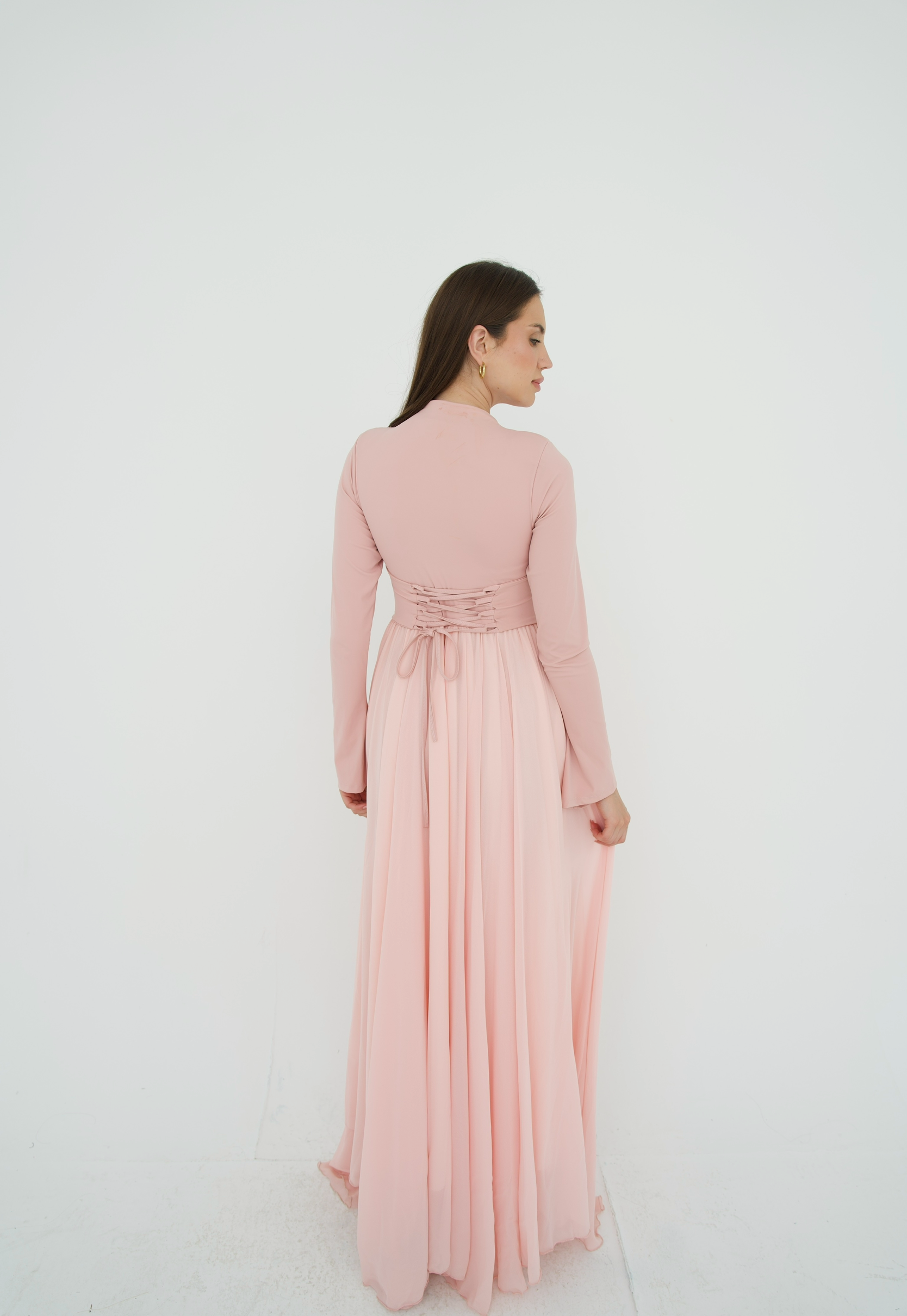 Amwaj gown with shoulder drapes in Pink with chest cover