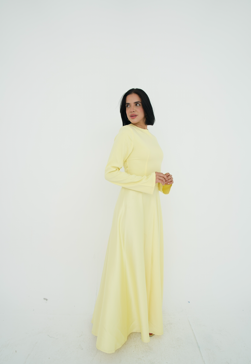Satin half and half A-line dress in butter yellow