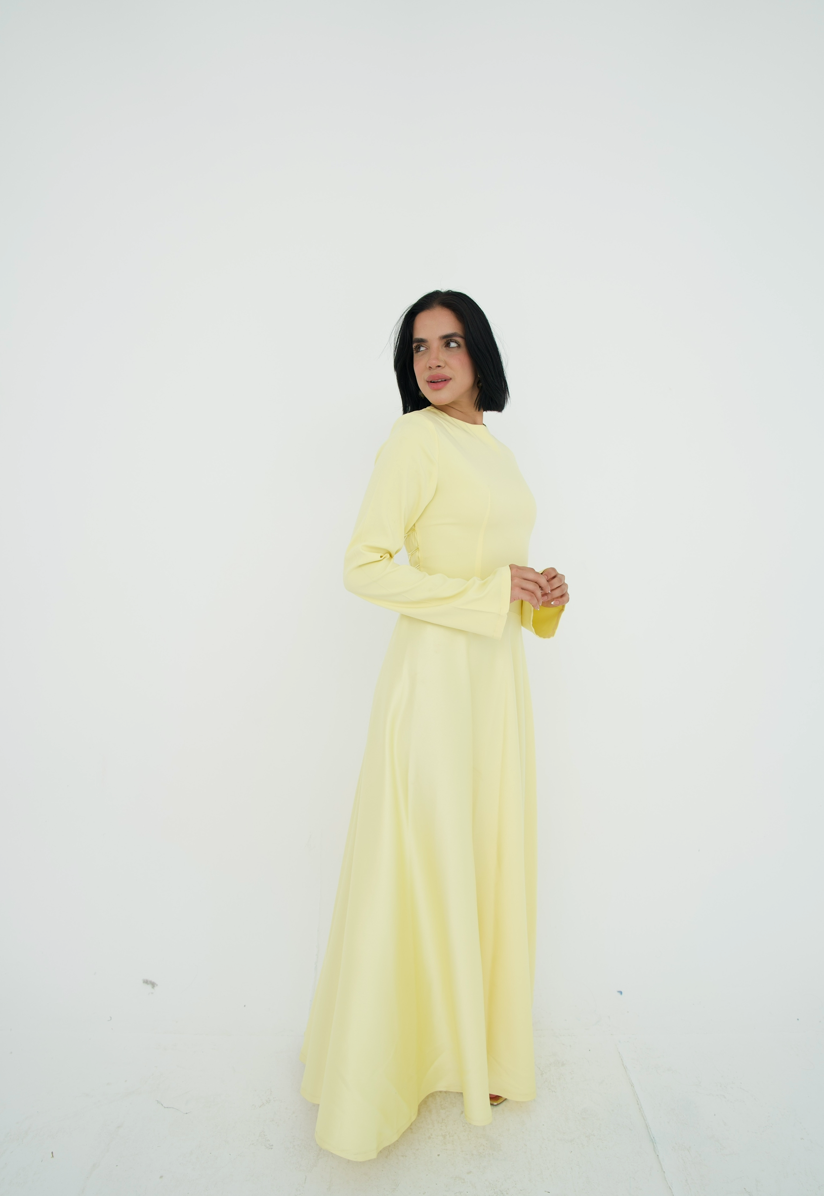Satin half and half A-line dress in butter yellow