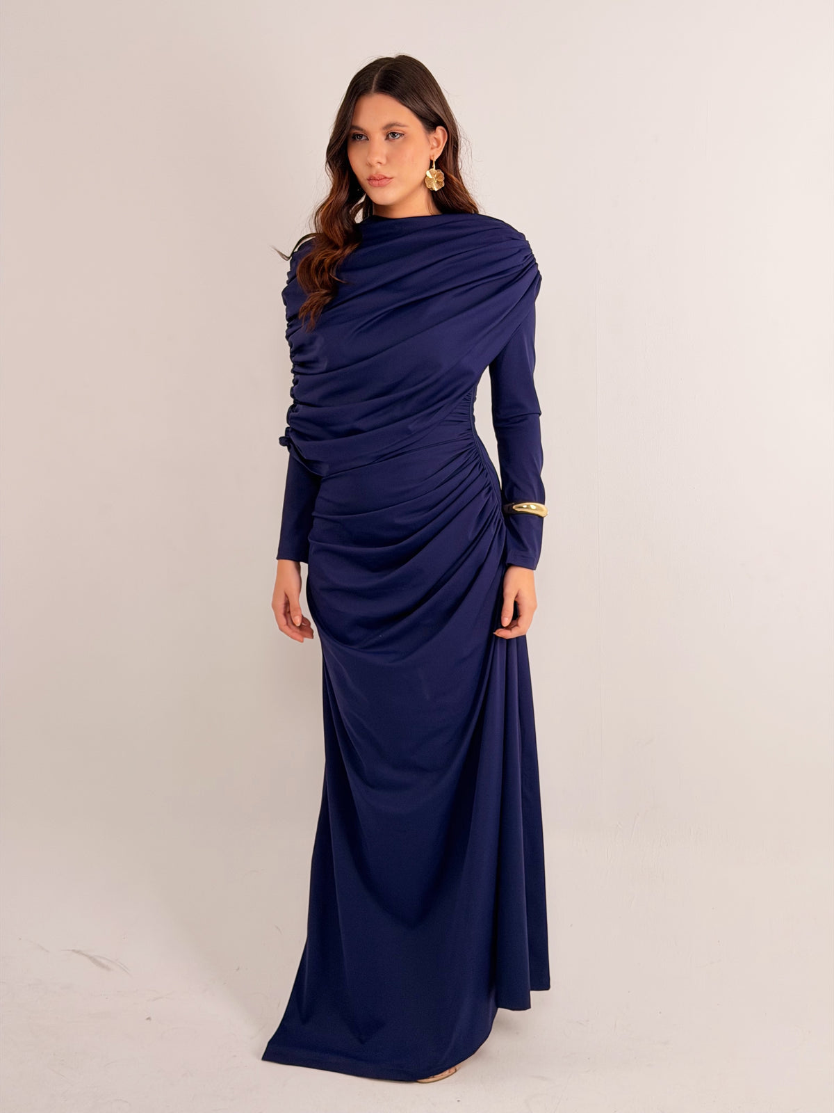One-Side Draped Maxi Dress with Chest Cover in Navy