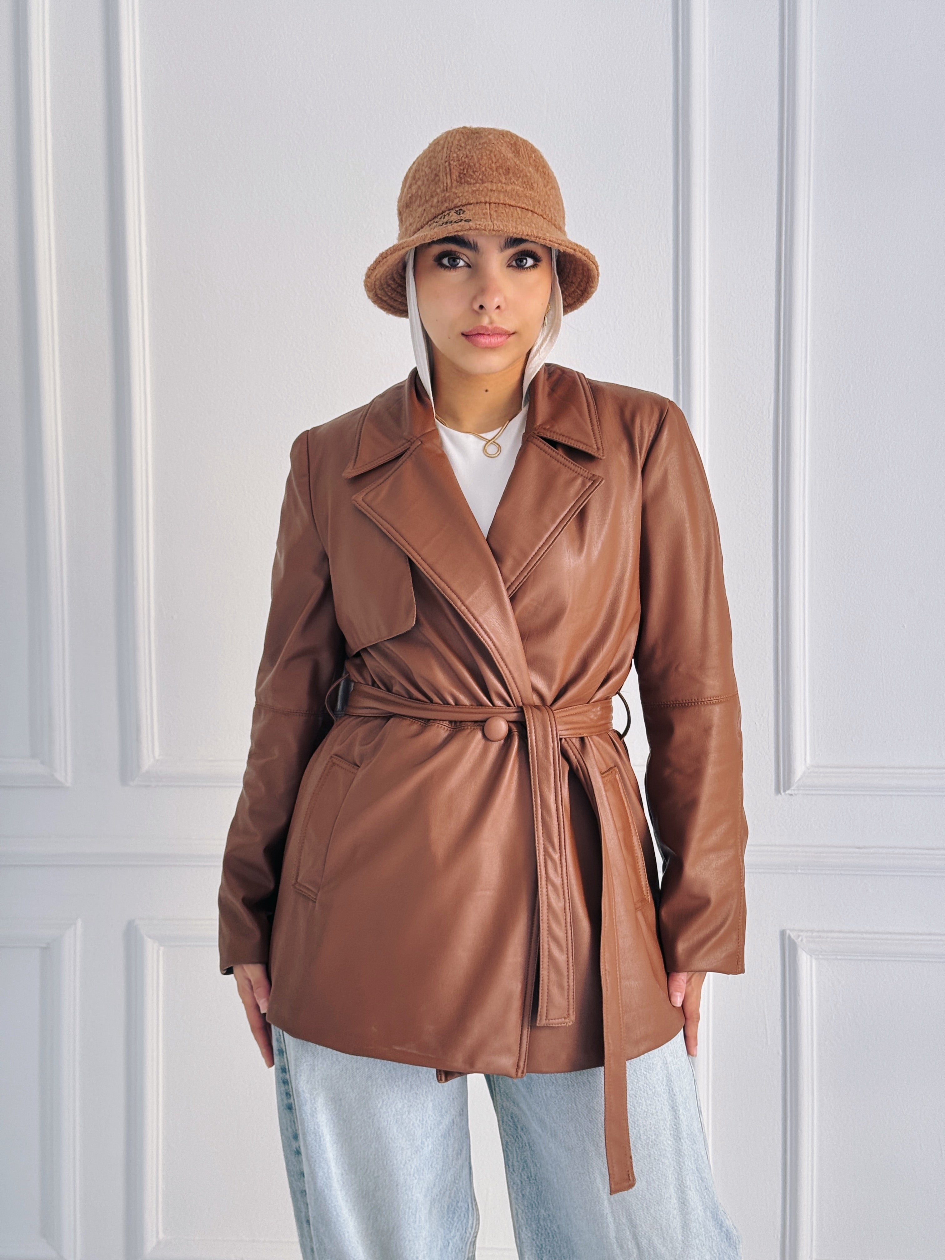 Faux Leather Coat in Camel