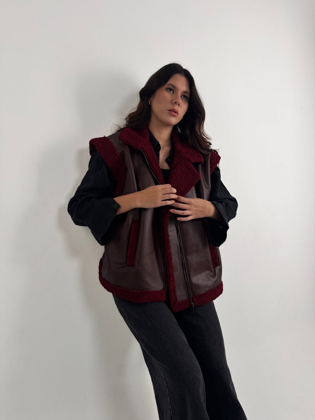 Fur-Lined Leather Vest in burgundy