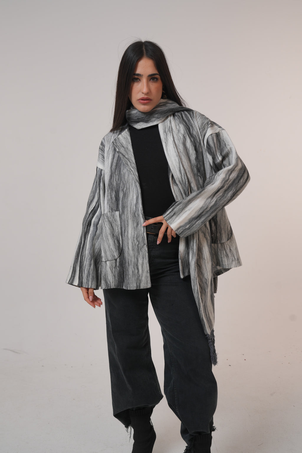 Pure wool jacket with Shawl Black and White