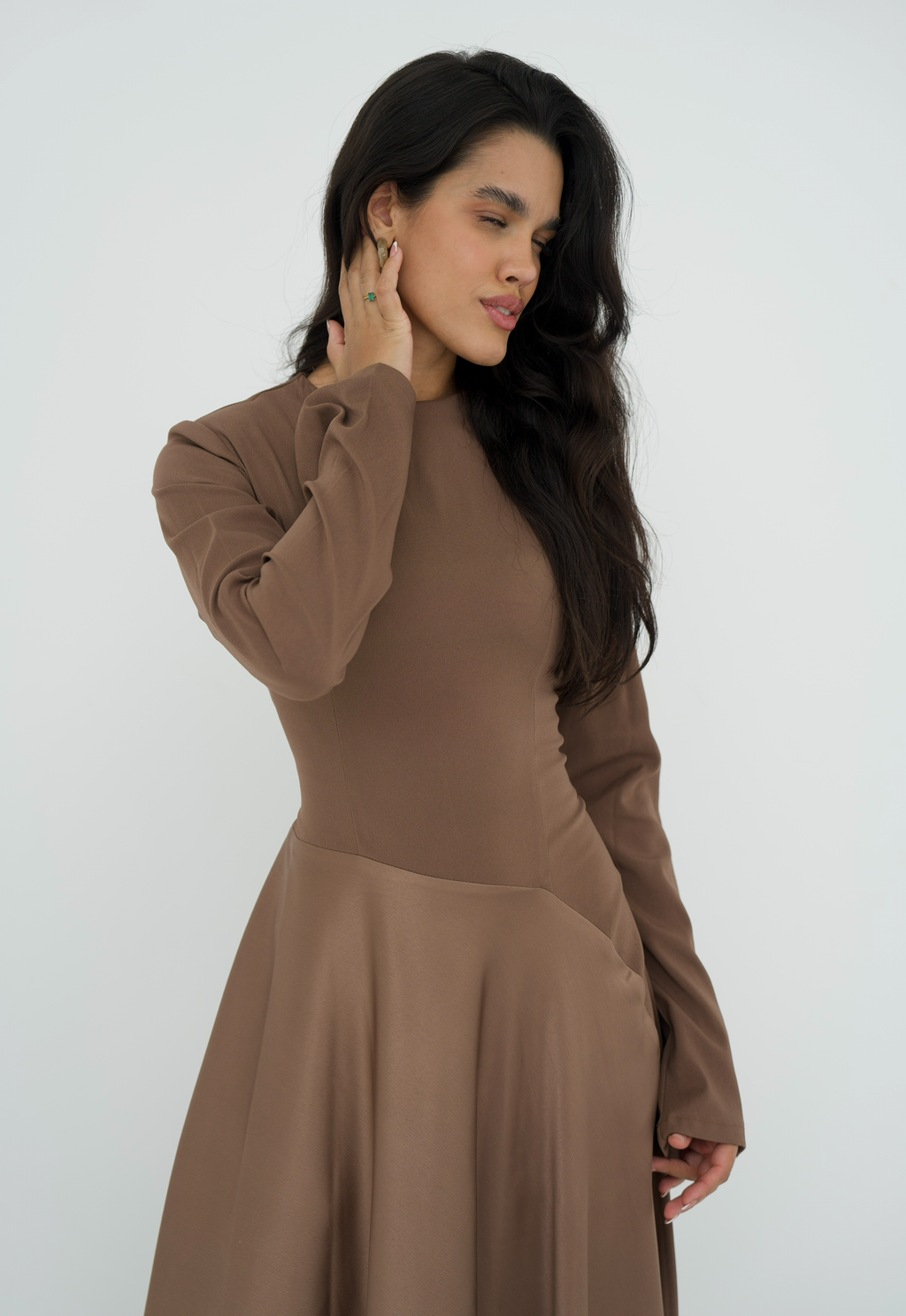 Satin half and half A-line dress in latte brown