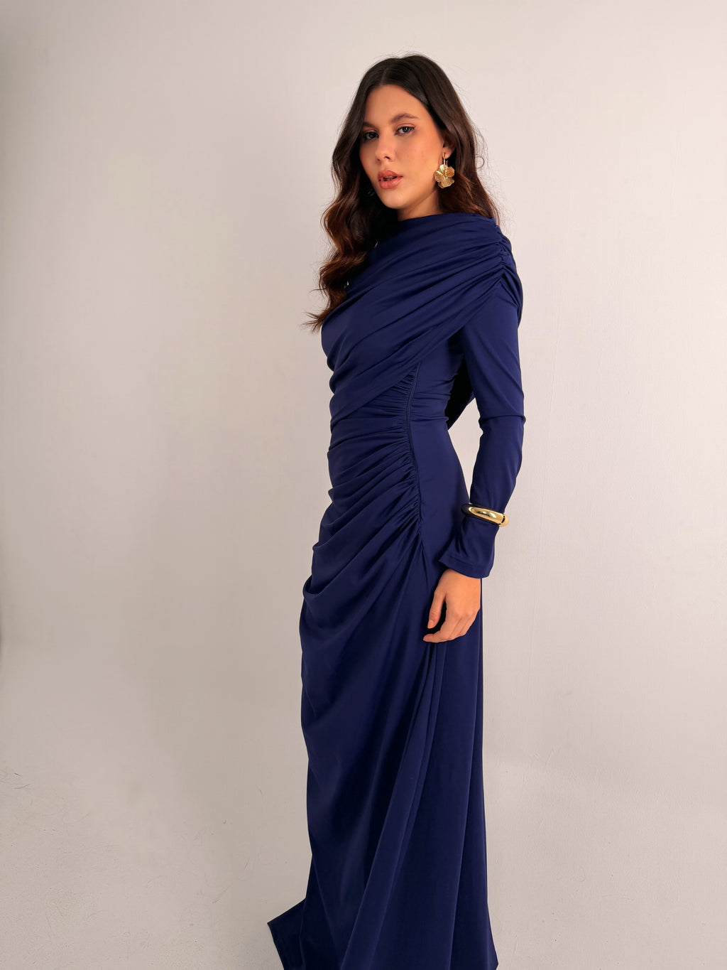 One-Side Draped Maxi Dress with Chest Cover in Navy