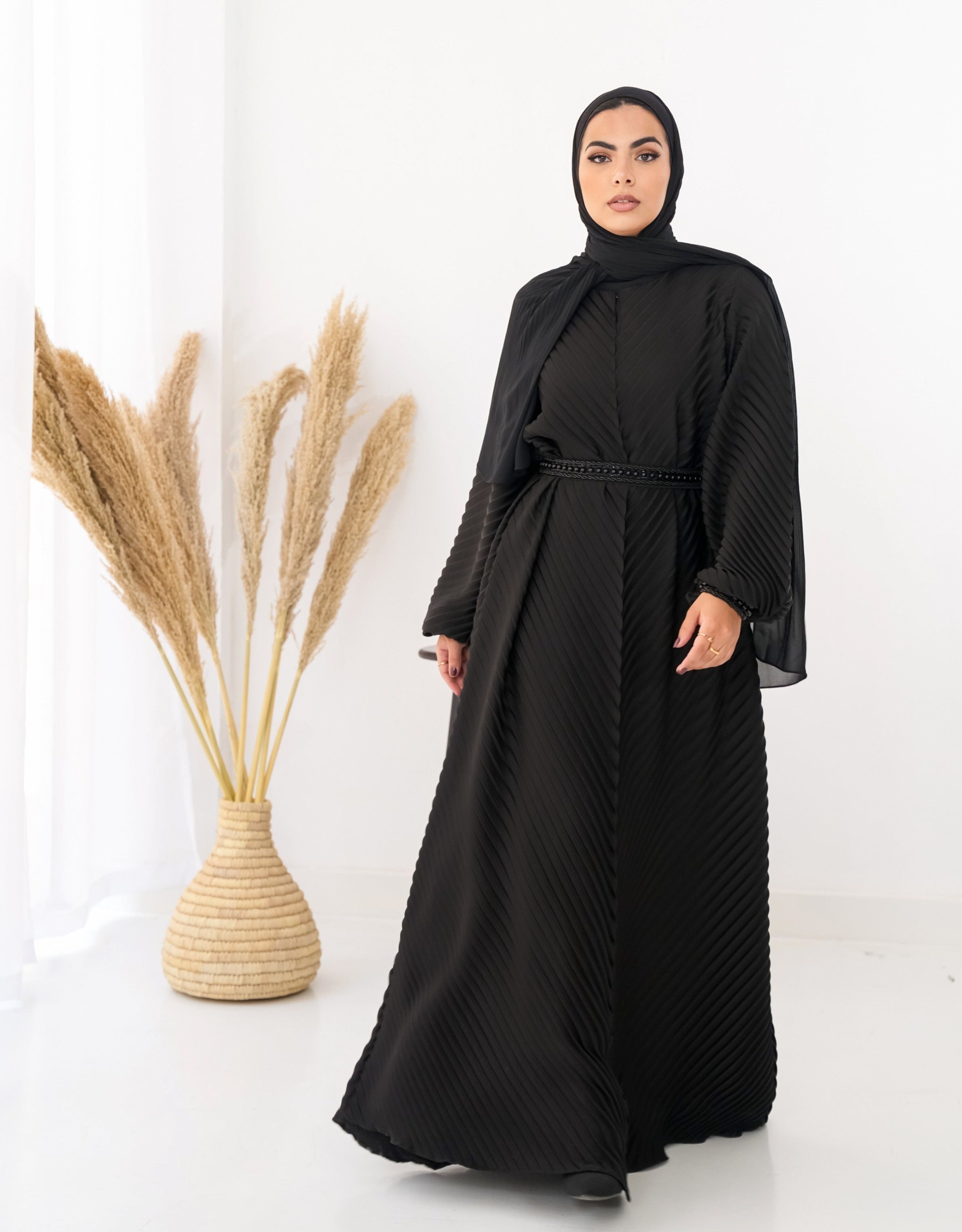 Black Plisse Abaya Embroidered with belt