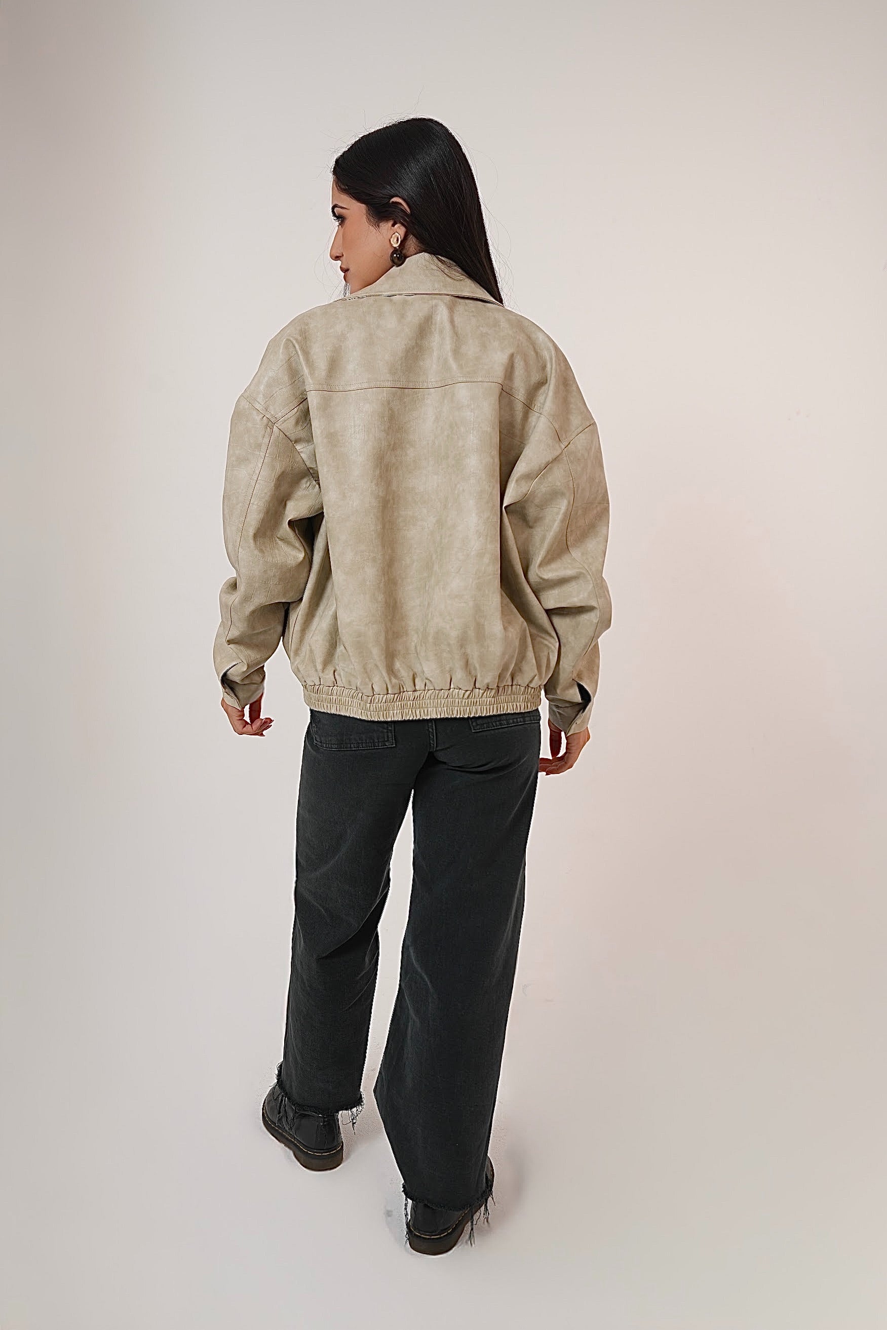 Vintage Croc-Texture Faux Leather Bomber Jacket in Beige