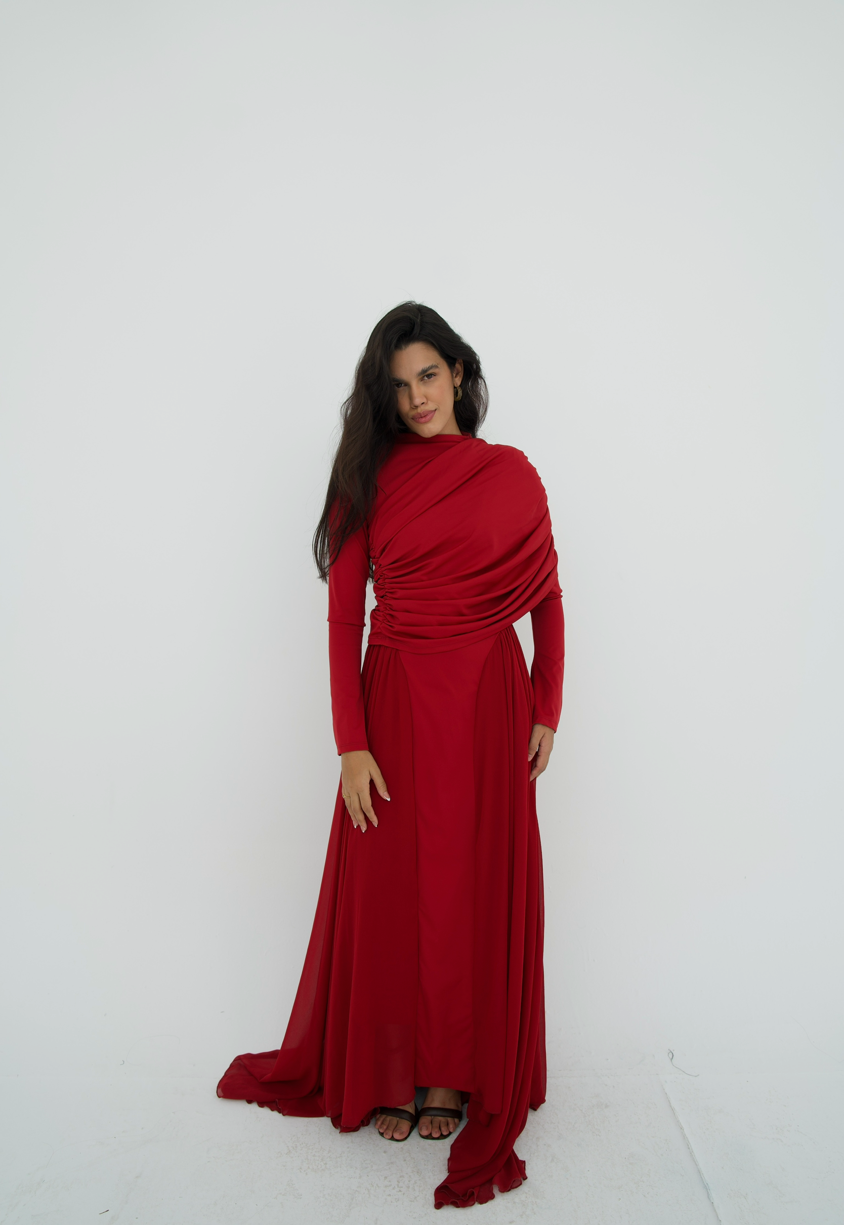 Amwaj gown with shoulder drappes in Dark red with chest cover