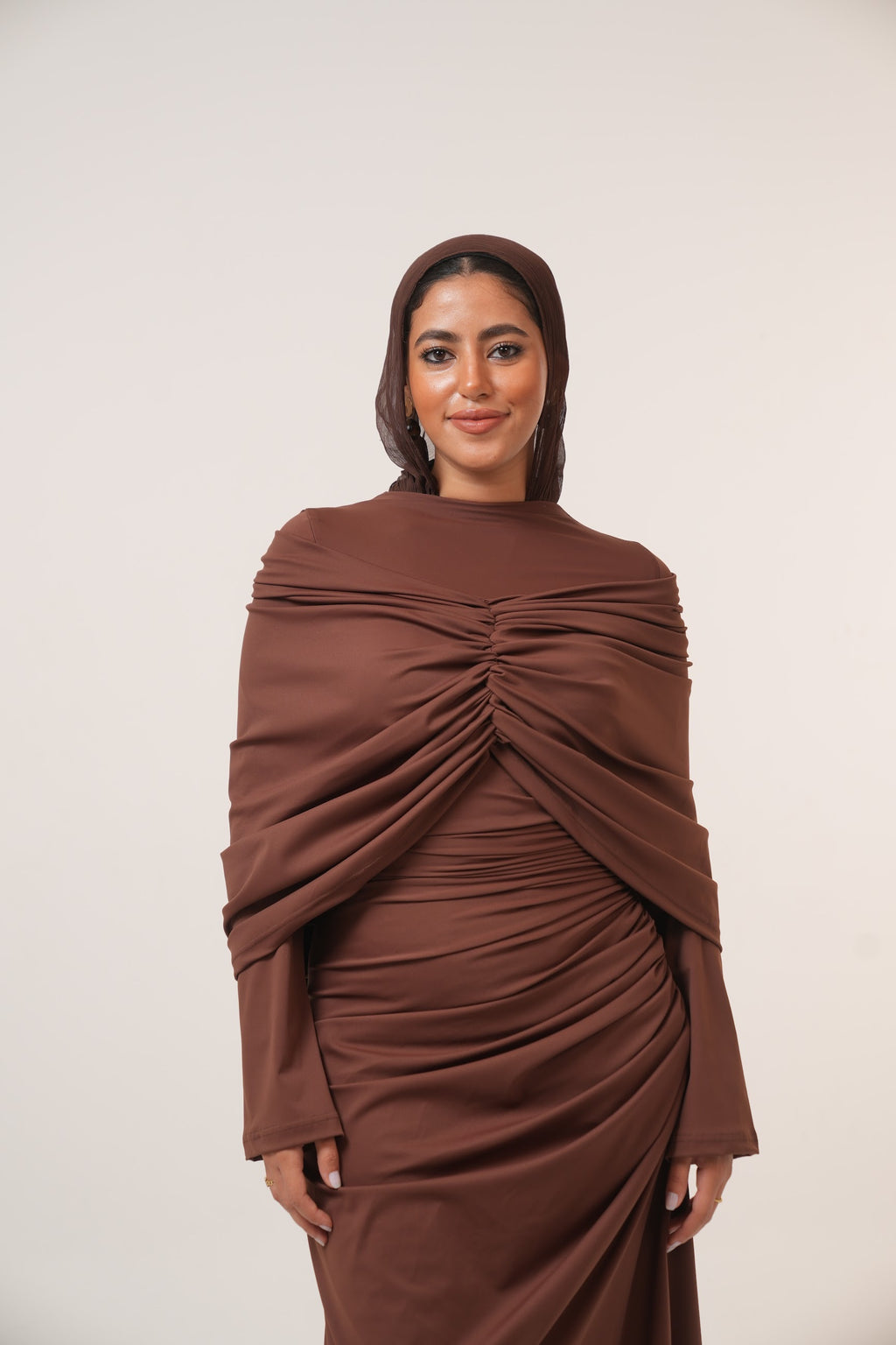 One-Side Draped Maxi Dress with Chest Cover in Brown