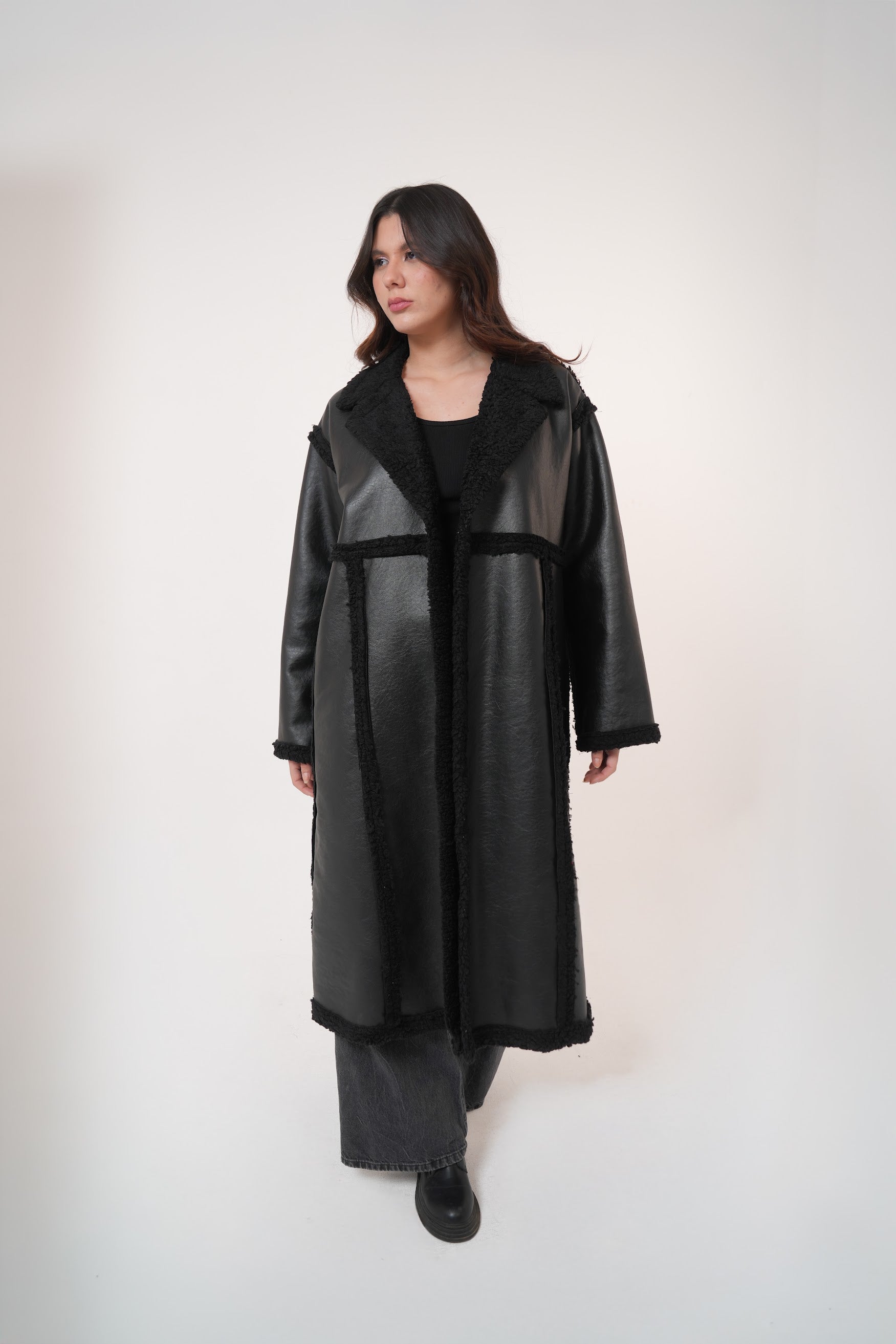Premium Fur leather- long coat in Black