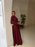 Satin half and half A-line dress in burgundy