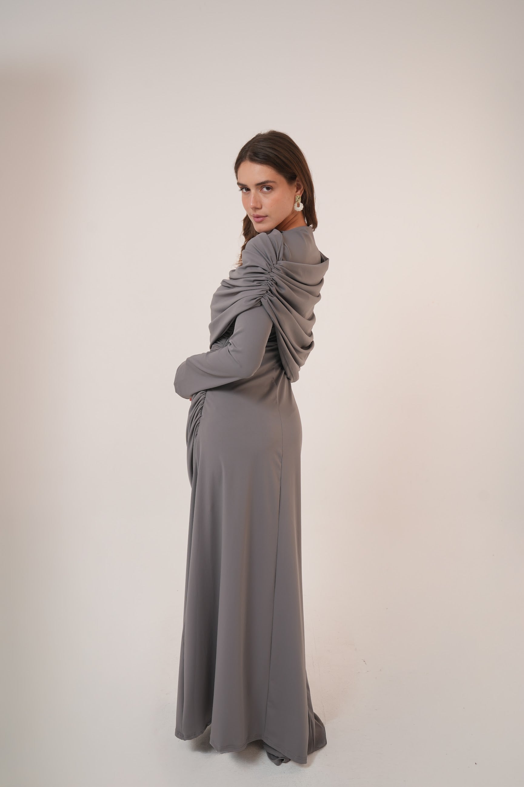 One-Side Draped Maxi Dress with Chest Cover in Grey