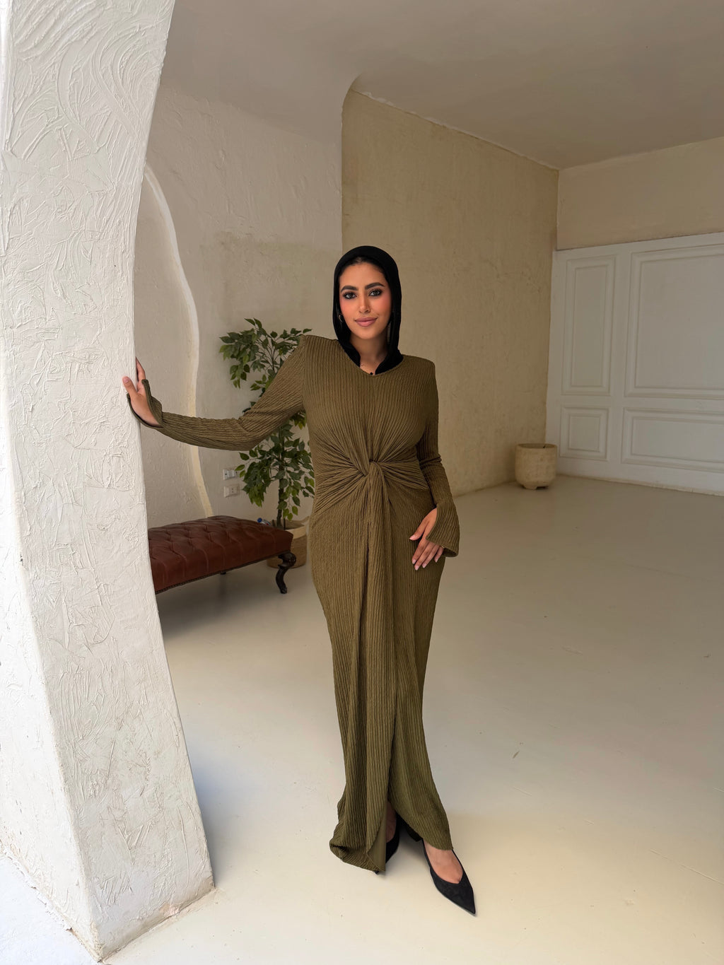 twisted knot maxi dress in Olive