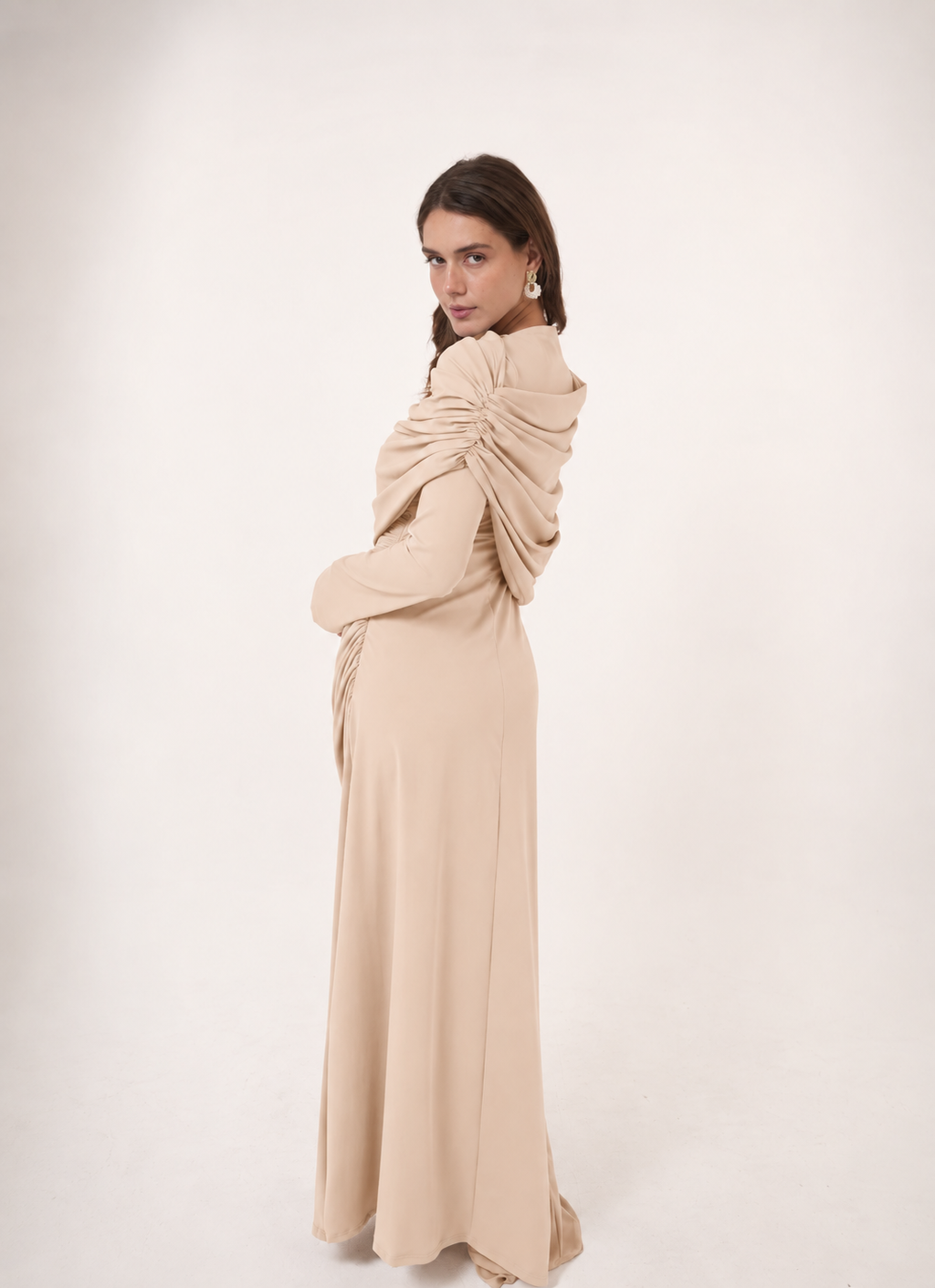 One-Side Draped Maxi Dress with Chest Cover in Light beige