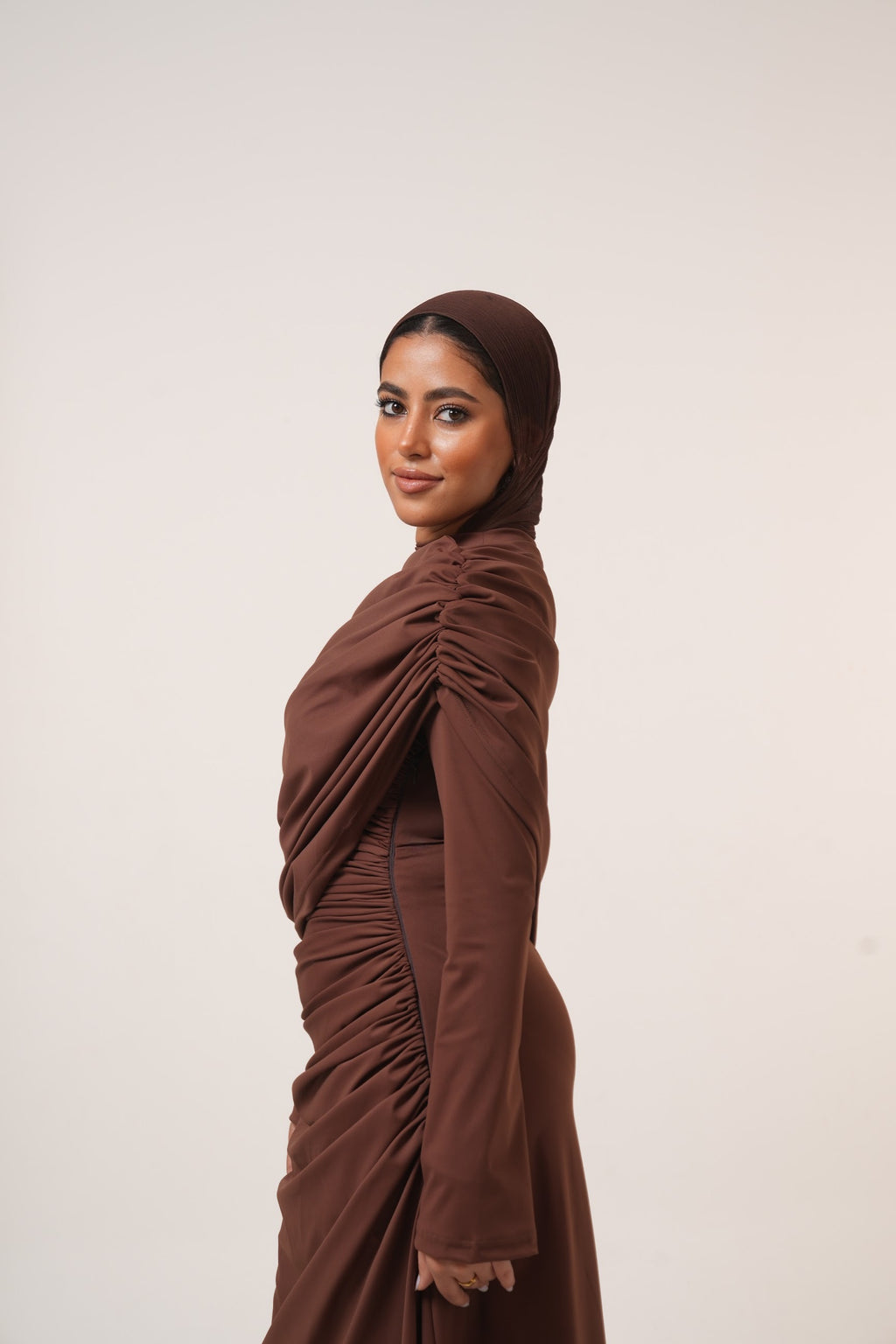 One-Side Draped Maxi Dress with Chest Cover in Brown