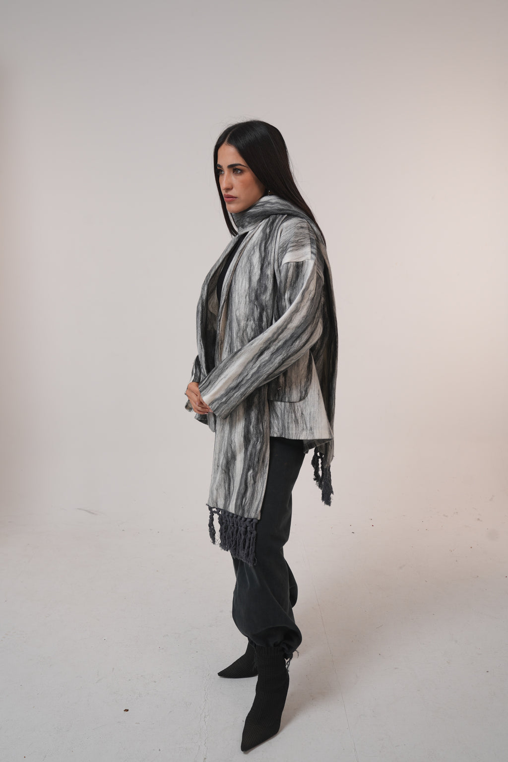 Pure wool jacket with Shawl Black and White