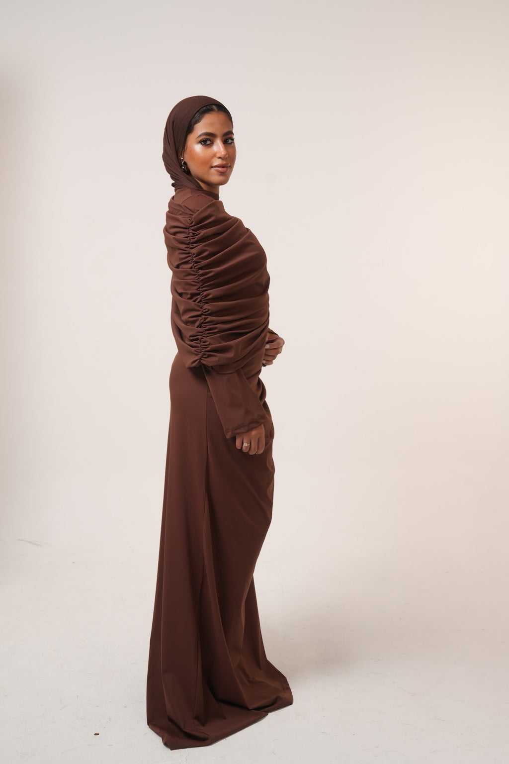One-Side Draped Maxi Dress with Chest Cover in Brown