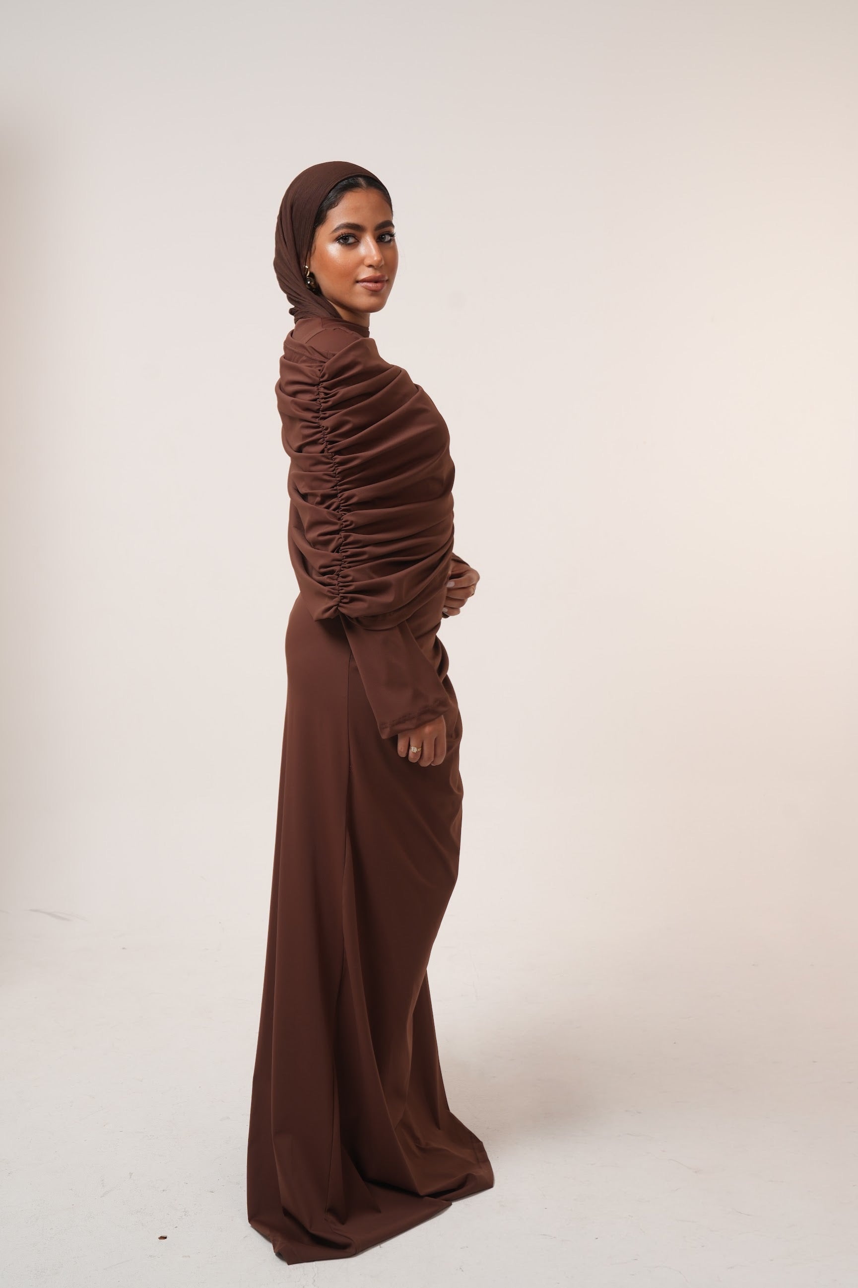One-Side Draped Maxi Dress with Chest Cover in Brown