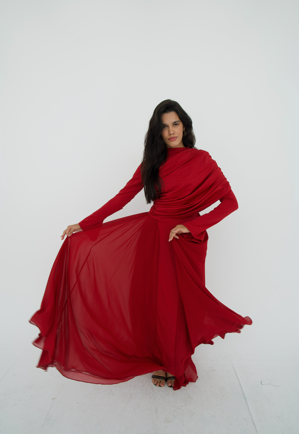 Amwaj gown with shoulder drappes in Dark red with chest cover
