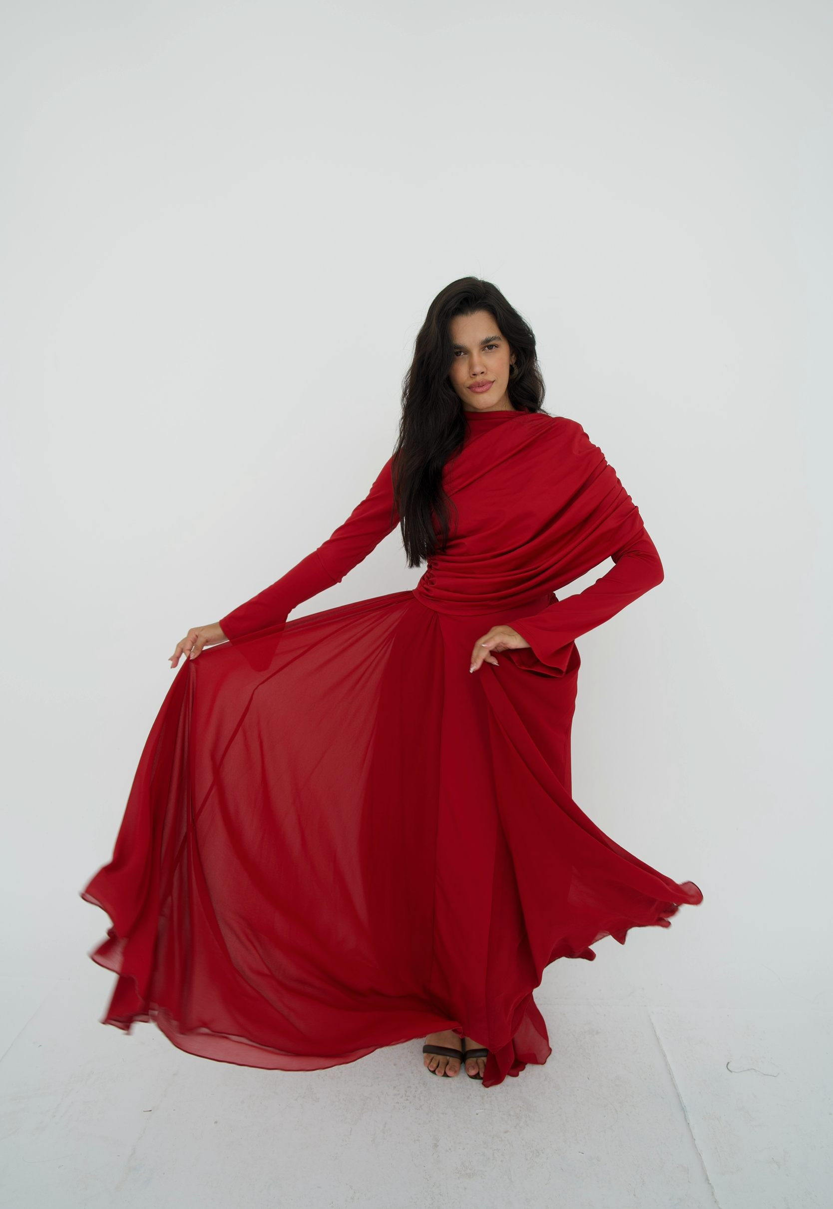 Amwaj gown with shoulder drappes in Dark red with chest cover