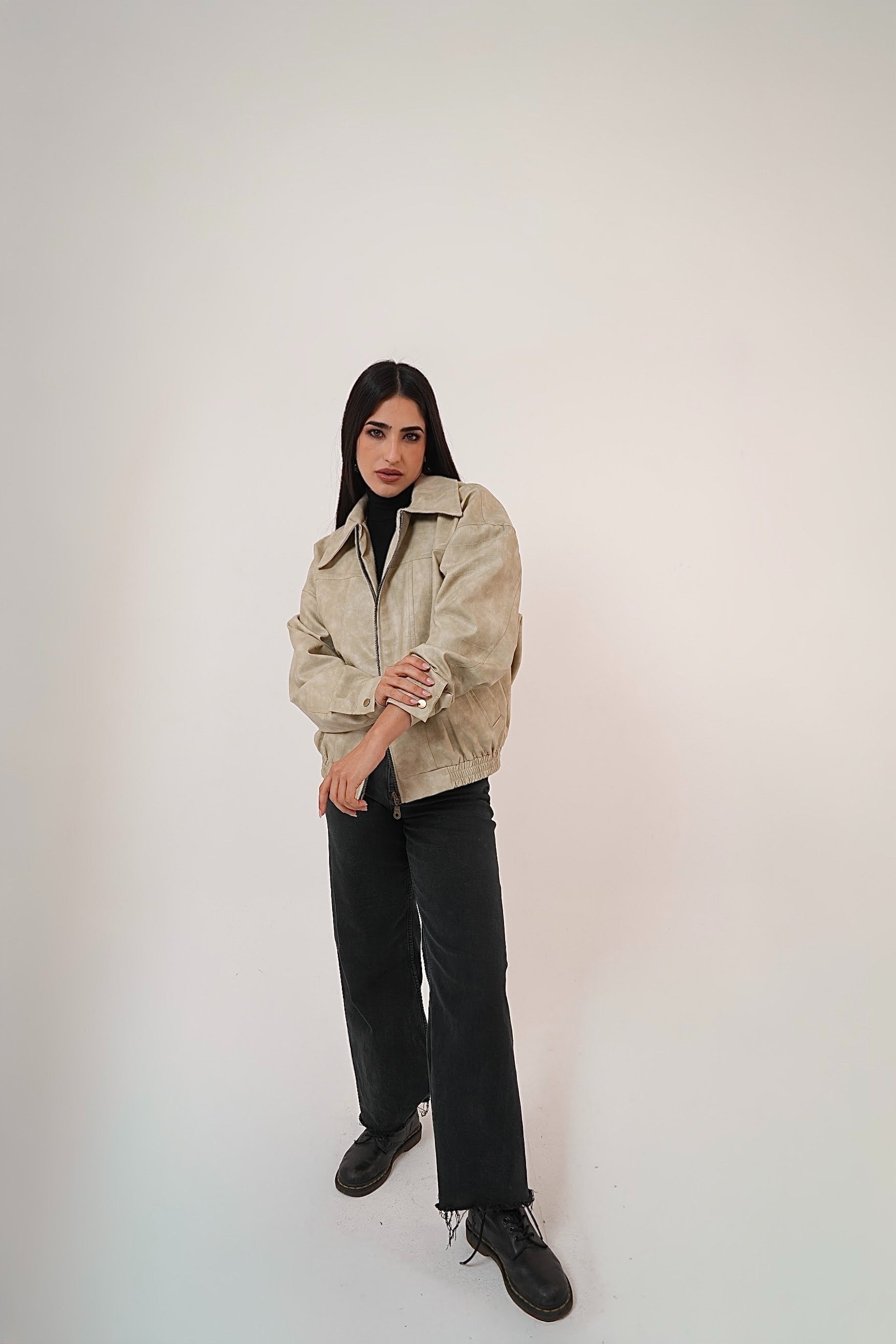 Vintage Croc-Texture Faux Leather Bomber Jacket in Beige