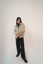 Load image into Gallery viewer, Vintage Croc-Texture Faux Leather Bomber Jacket in Beige
