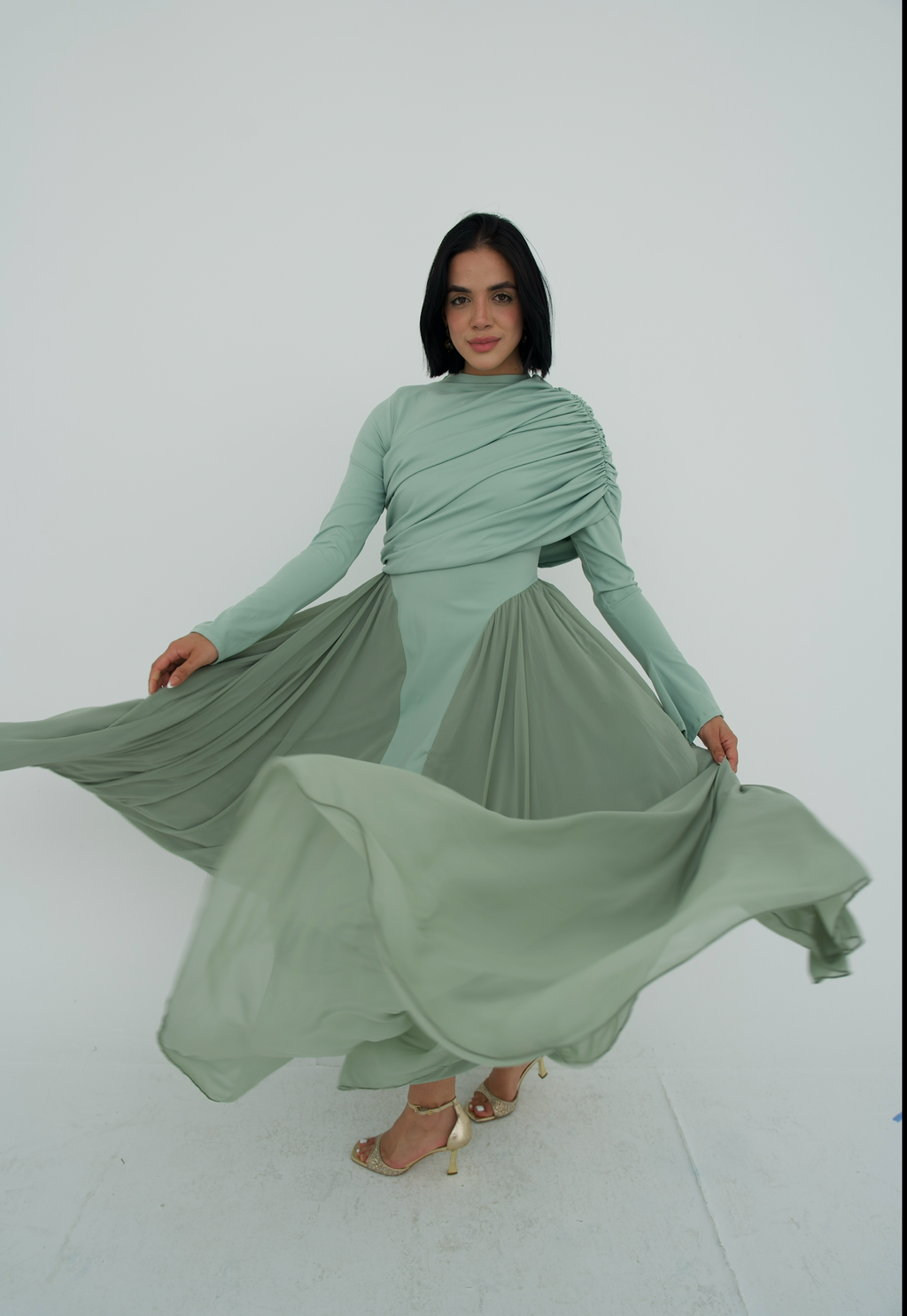 Amwaj gown with shoulder drappes in Mint with chest cover