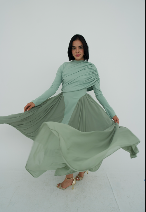 Amwaj gown with shoulder drappes in Mint with chest cover