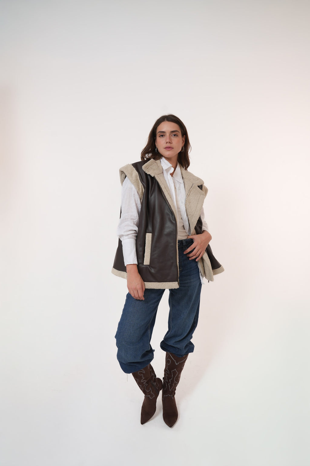 Fur-Lined Leather Vest in brown