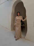 One-Side Draped Maxi Dress with Chest Cover in Beige