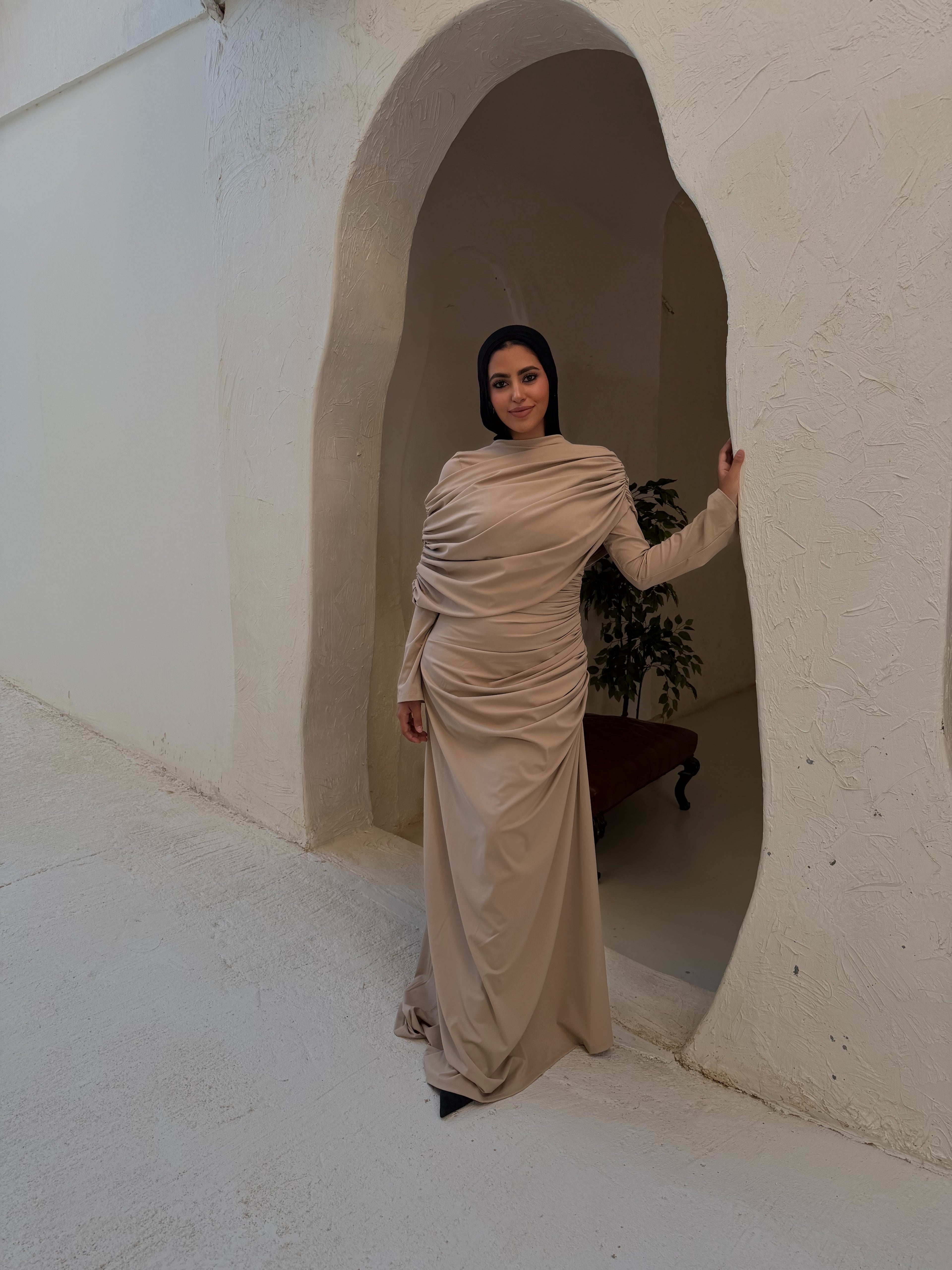 One-Side Draped Maxi Dress with Chest Cover in Beige
