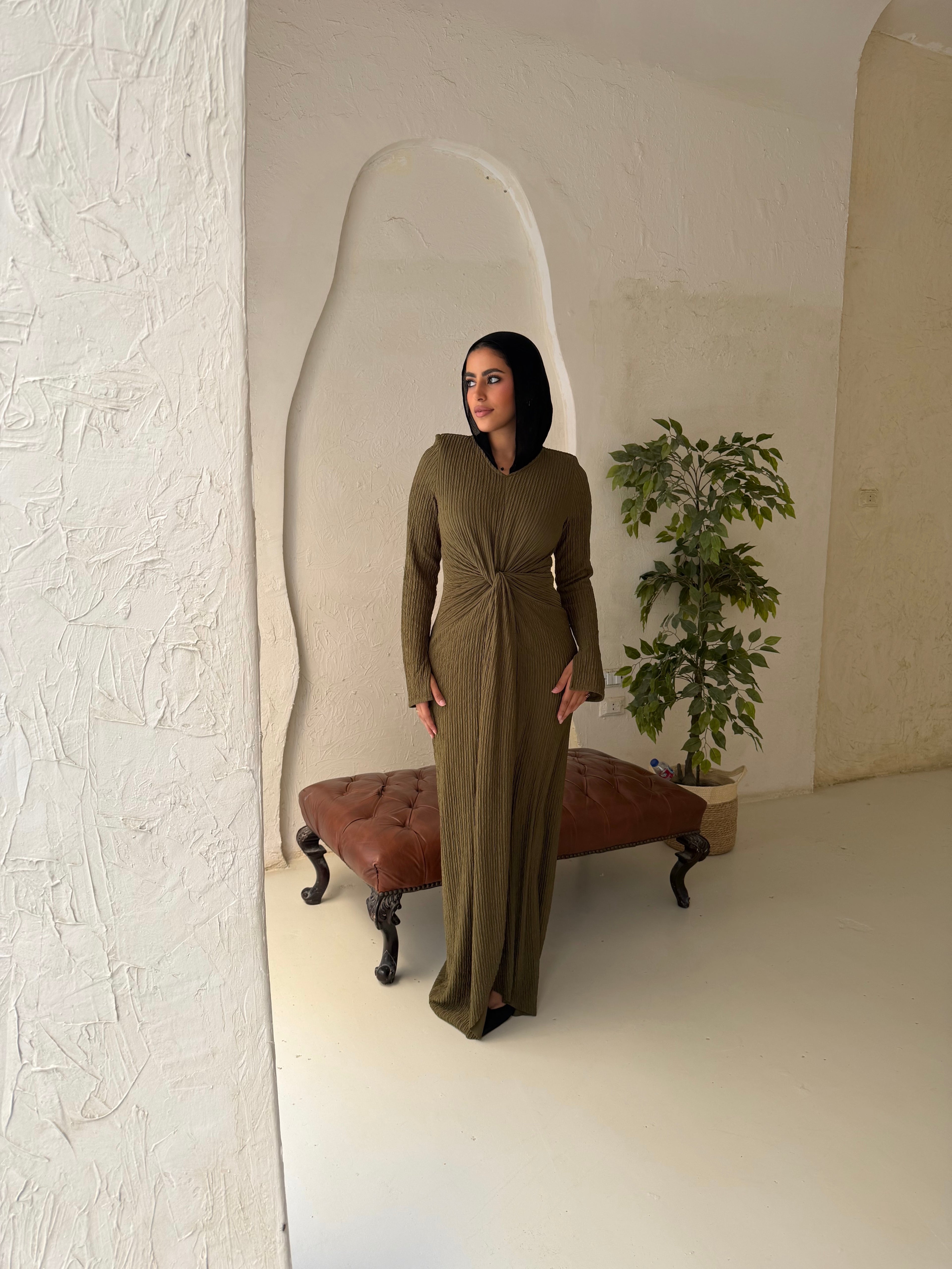 twisted knot maxi dress in Olive