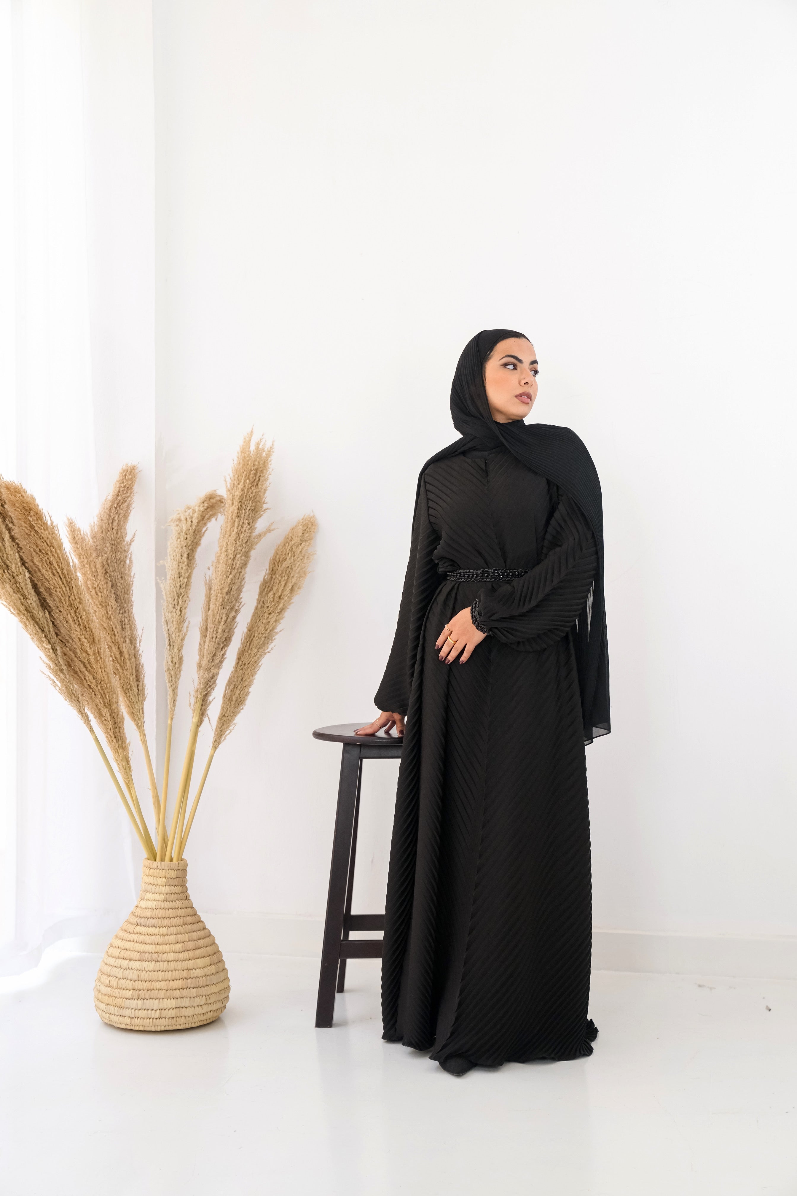 Black Plisse Abaya Embroidered with belt