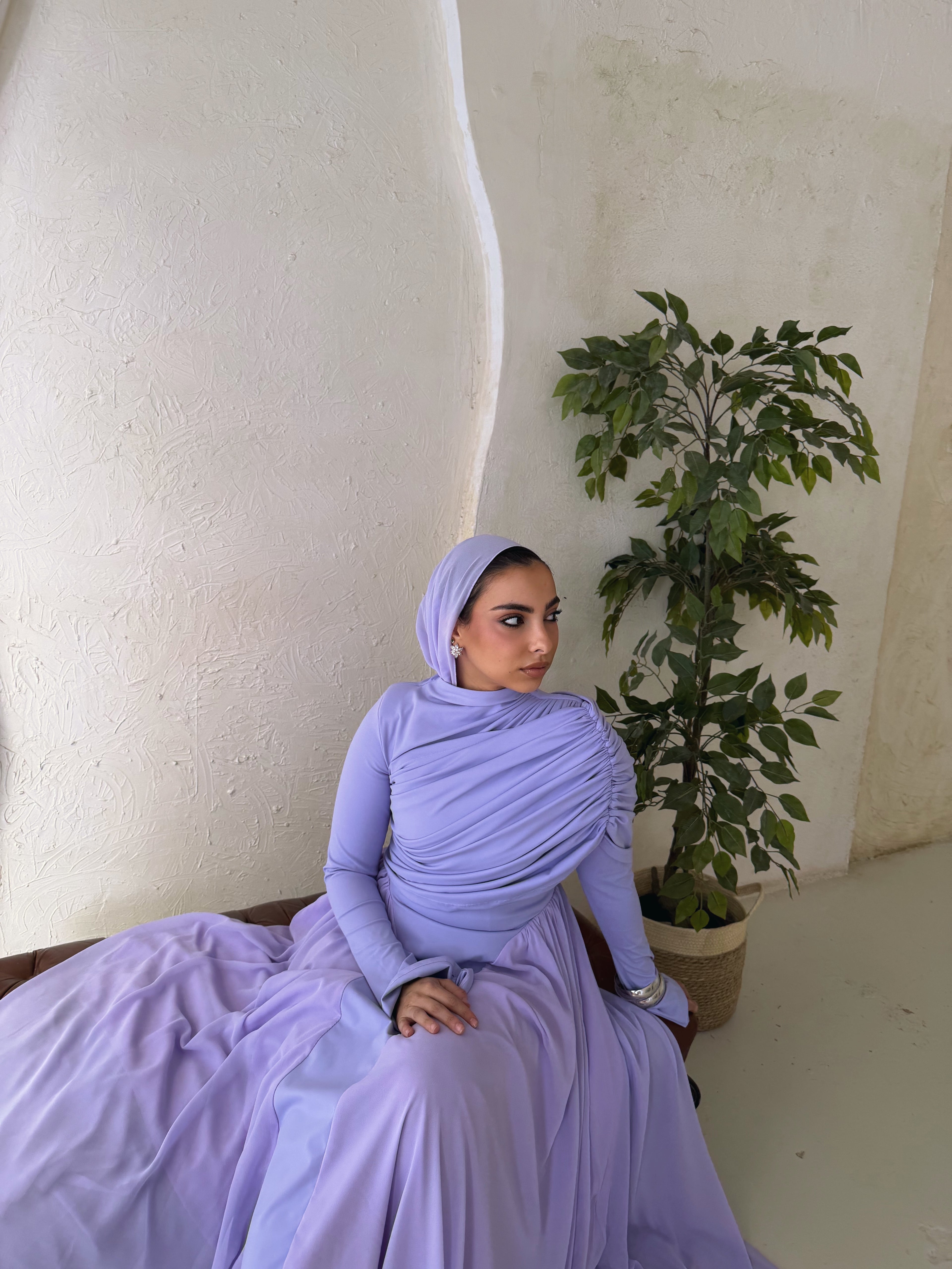 Amwaj gown with shoulder drappes in Lilac with chest cover