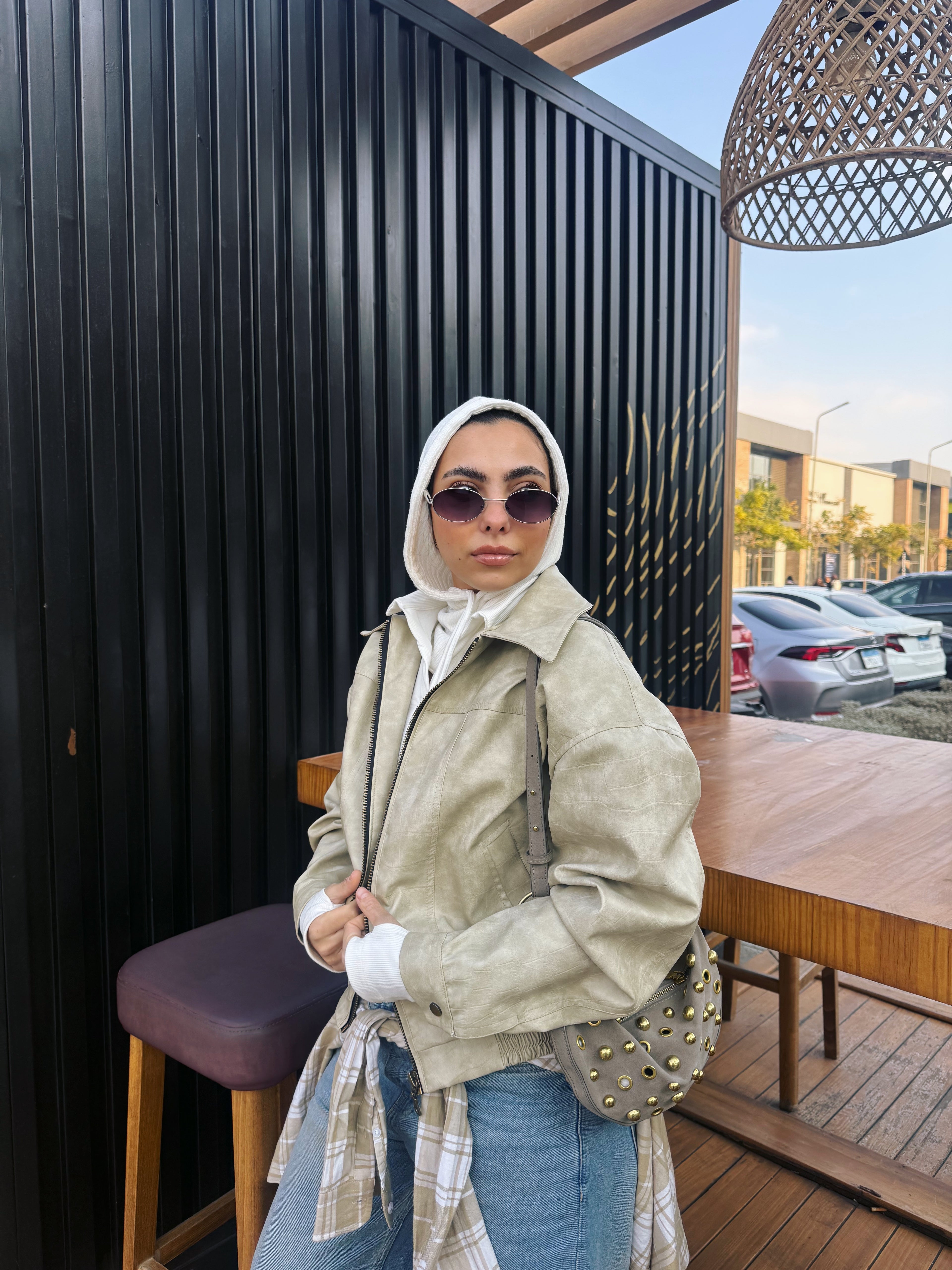 Vintage Croc-Texture Faux Leather Bomber Jacket in Beige