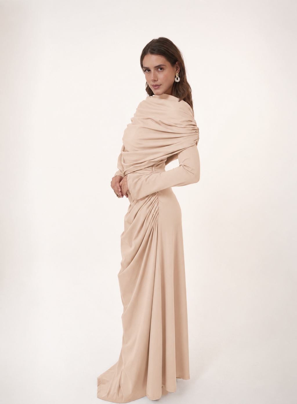 One-Side Draped Maxi Dress with Chest Cover in Light beige