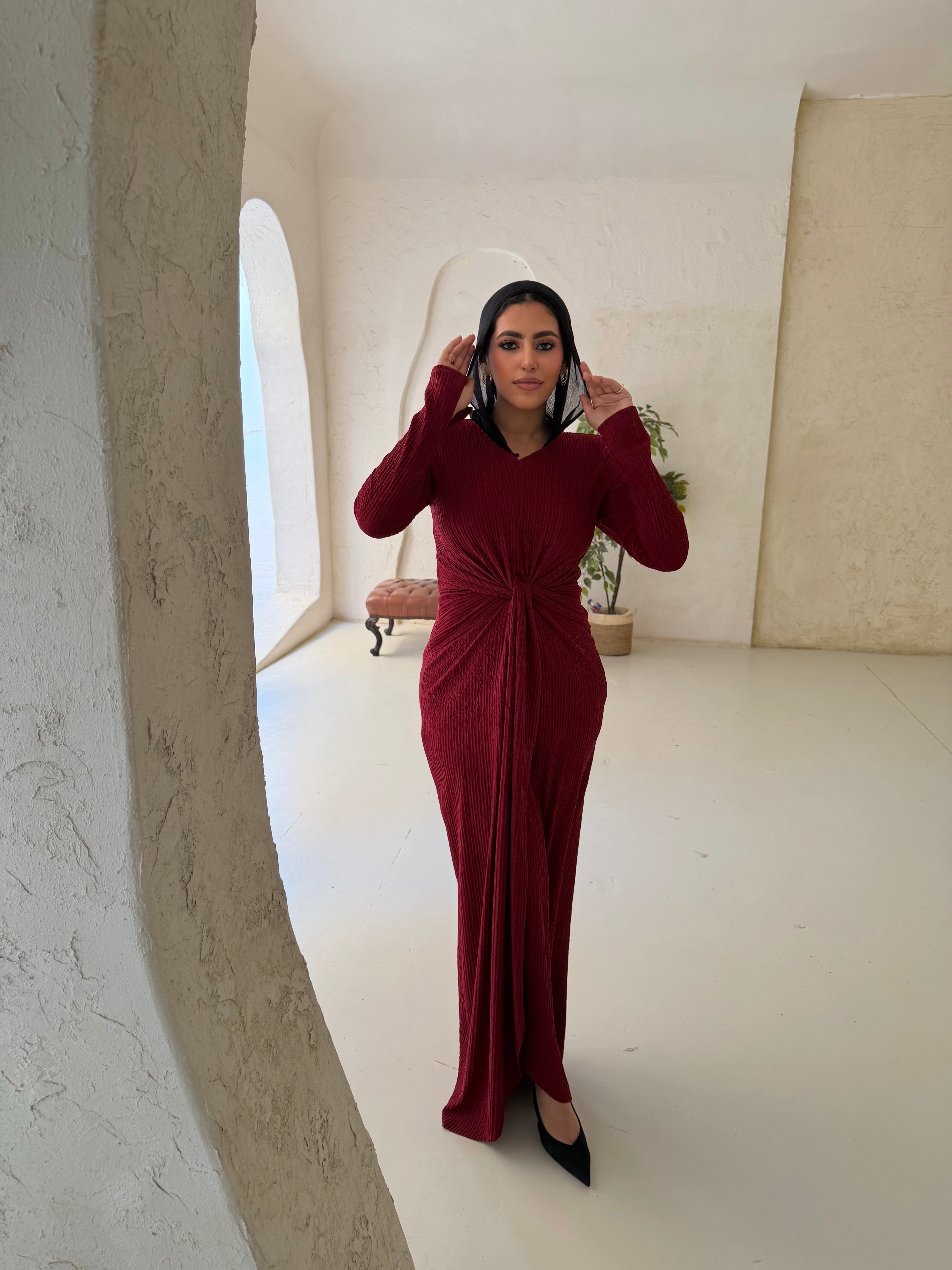 Twisted knot maxi dress in Dark red