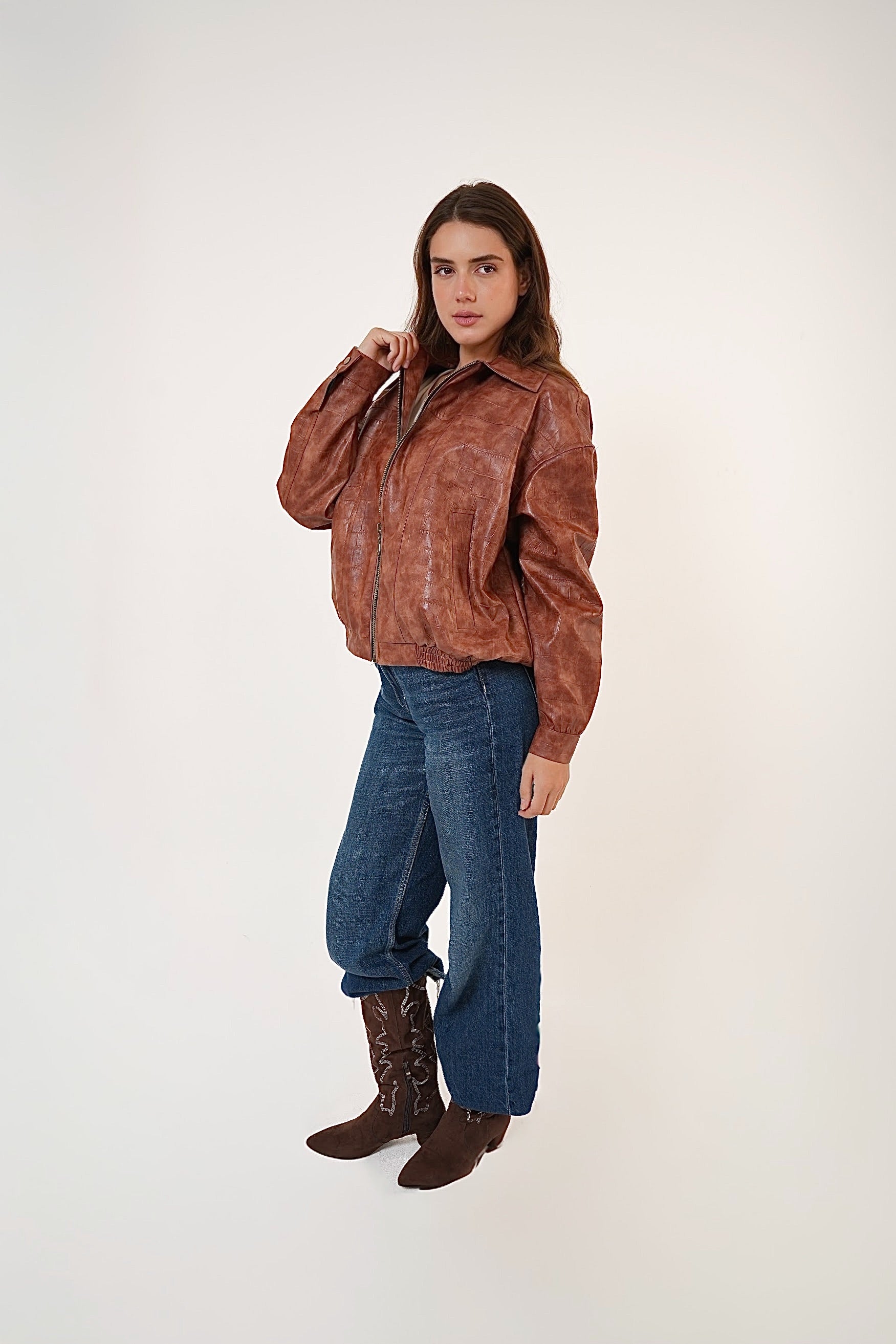 Vintage Croc-Texture Faux Leather Bomber Jacket