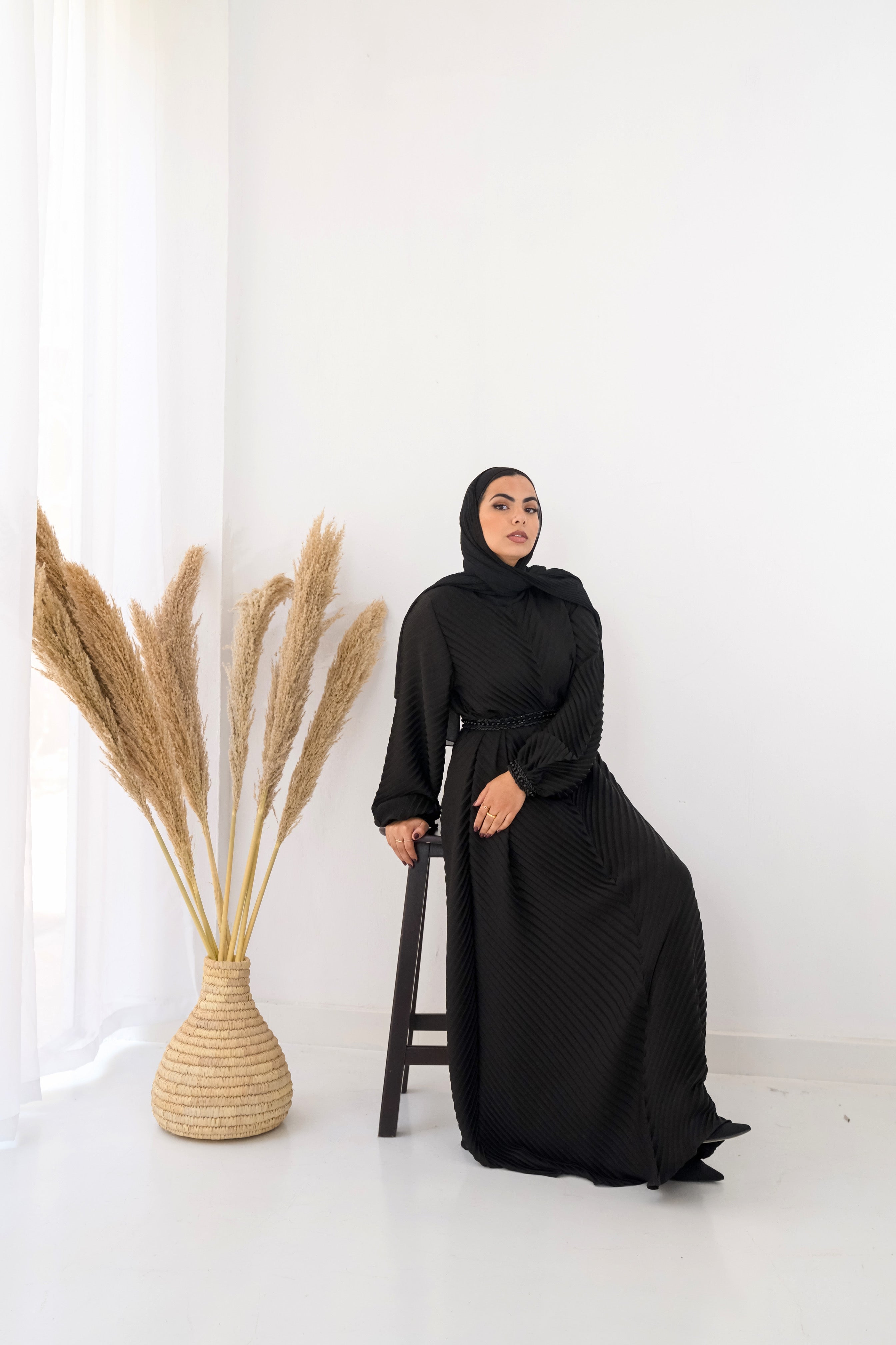 Black Plisse Abaya Embroidered with belt