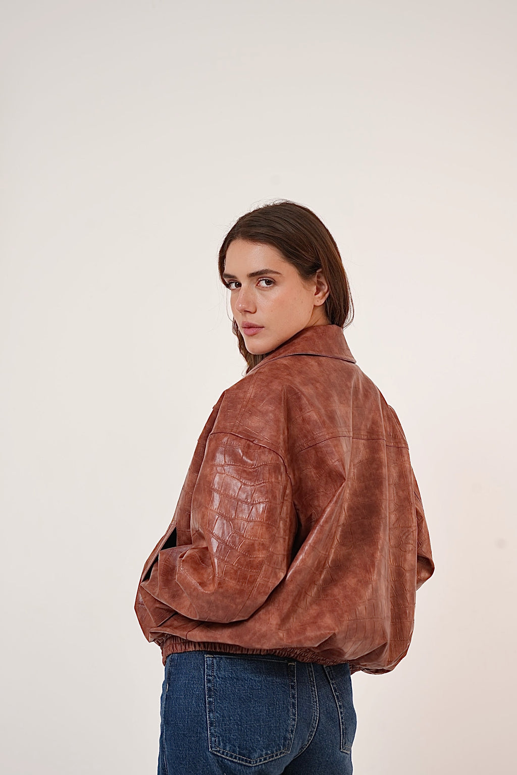 Vintage Croc-Texture Faux Leather Bomber Jacket