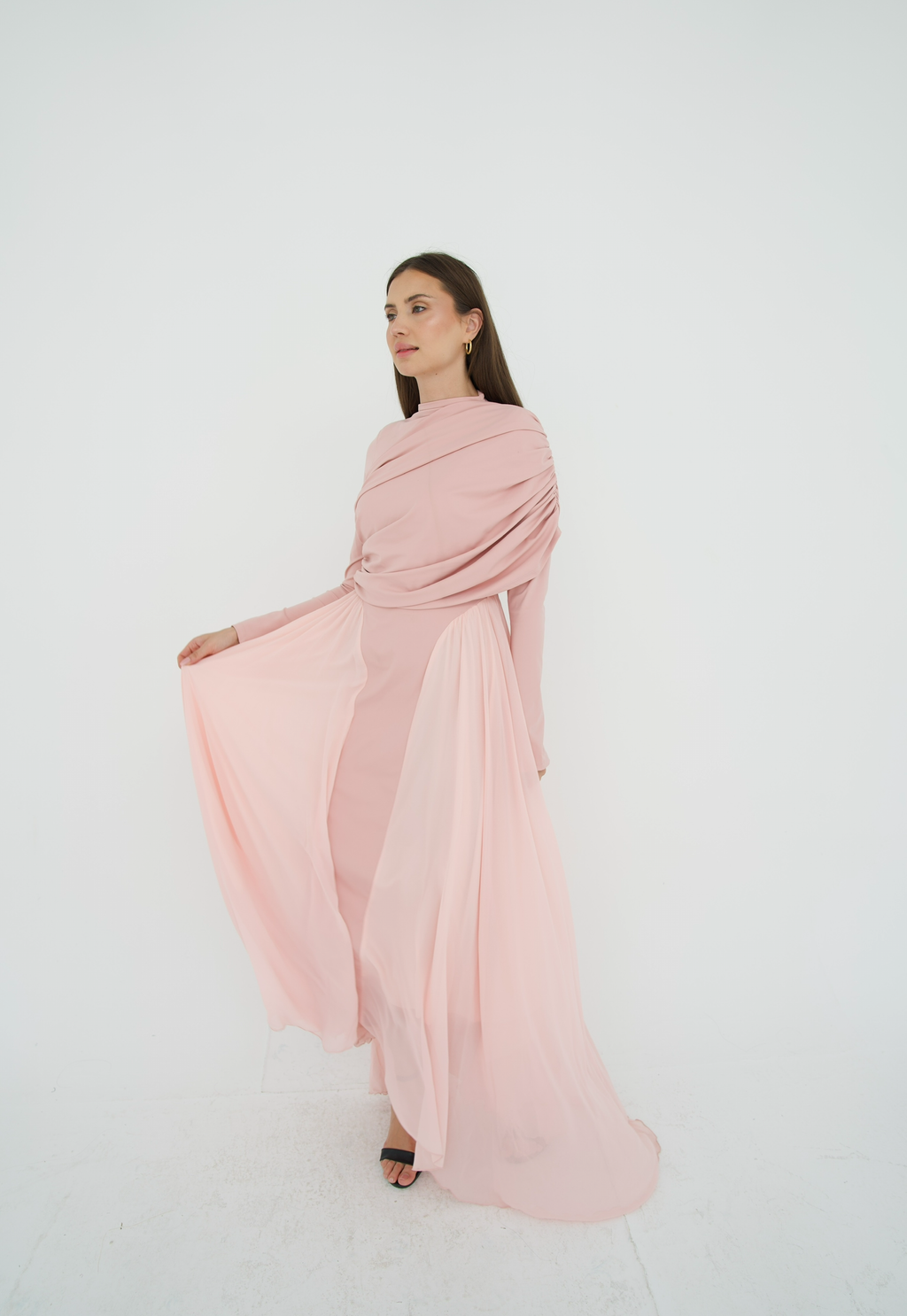 Amwaj gown with shoulder drapes in Pink with chest cover