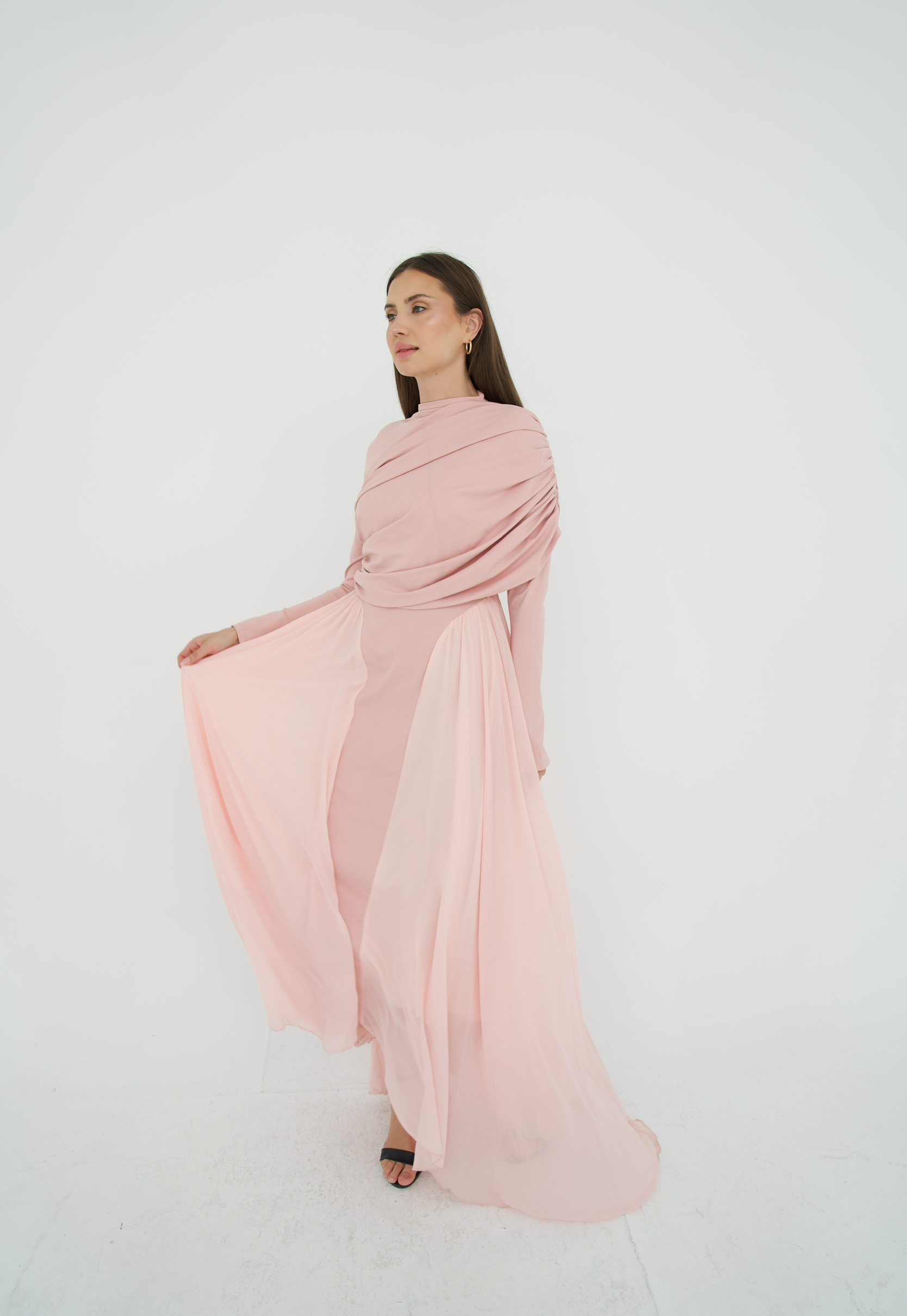 Amwaj gown with shoulder drapes in Pink with chest cover