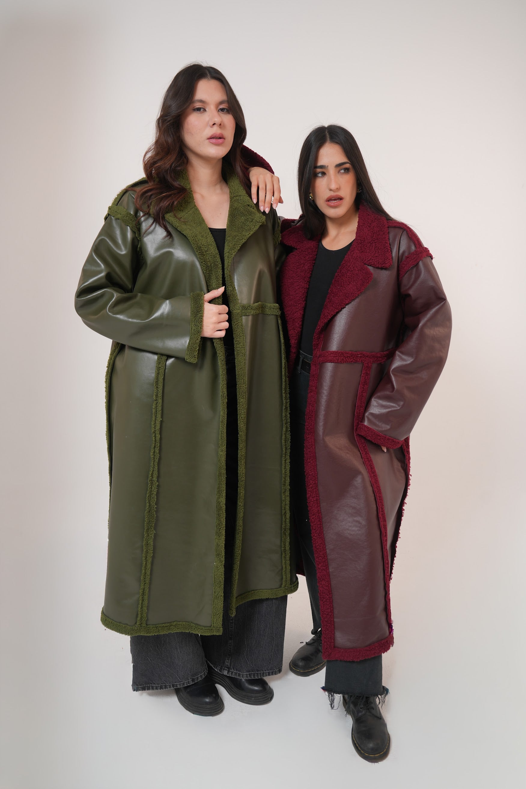 Premium Fur Leather - long coat in burgundy