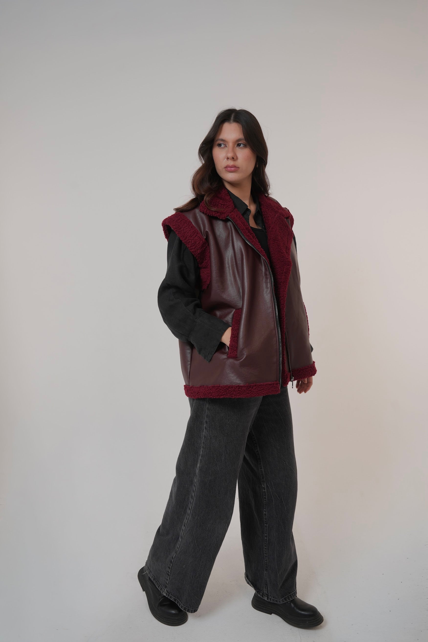 Fur-Lined Leather Vest in burgundy