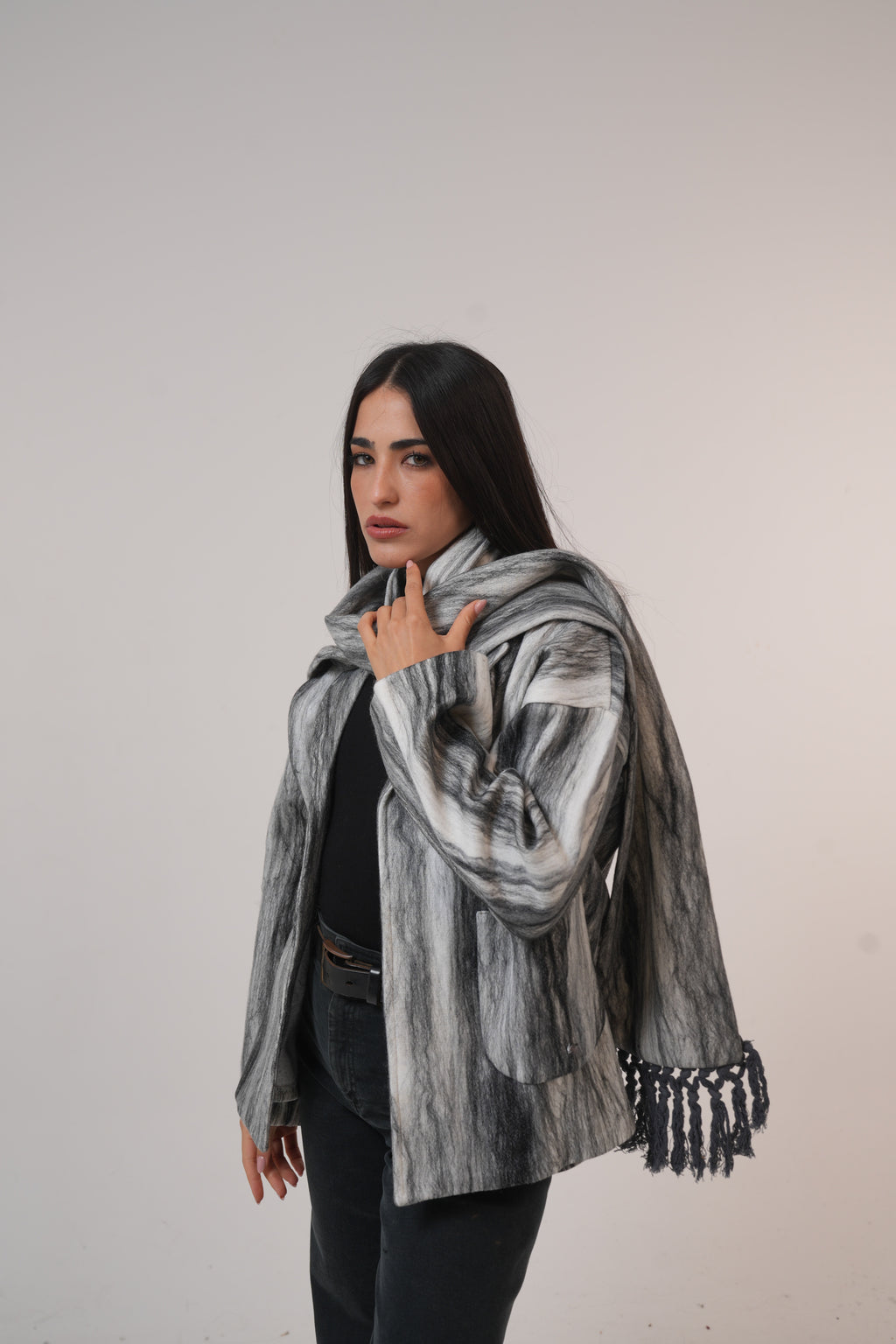 Pure wool jacket with Shawl Black and White