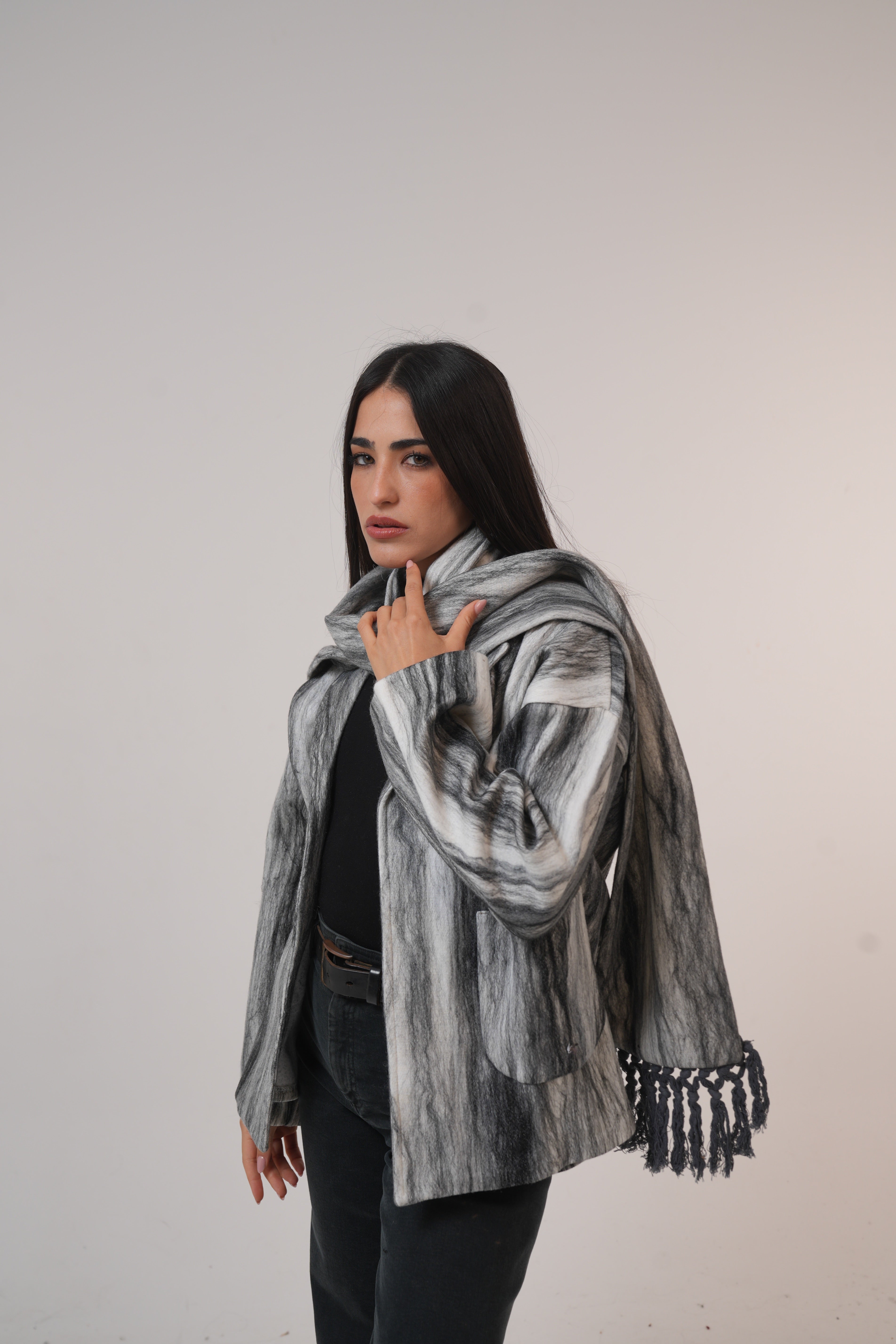 Pure wool jacket with Shawl Black and White